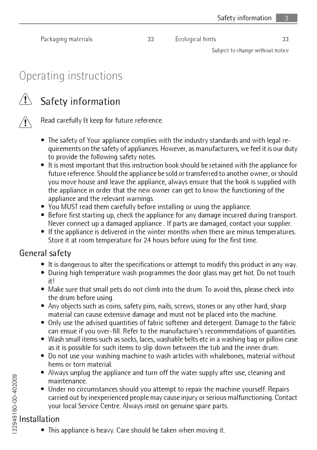 Electrolux 64850LE user manual Safety information, General safety, Installation 