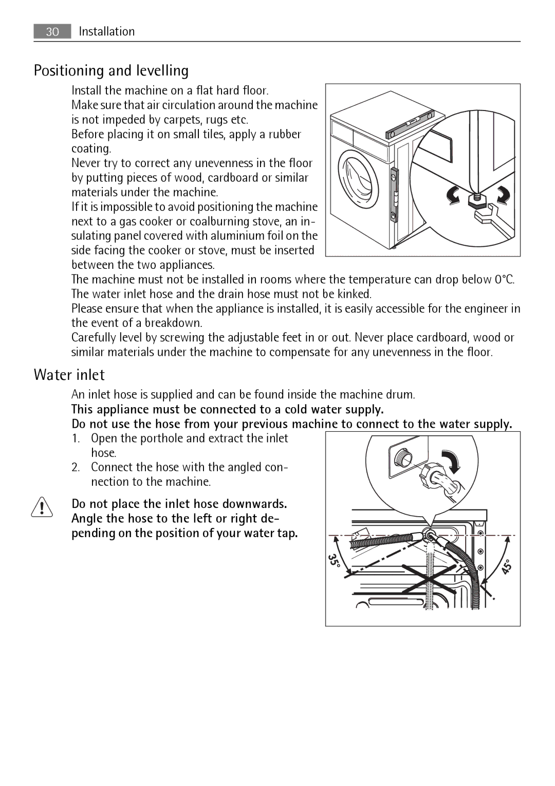 Electrolux 64850LE user manual Positioning and levelling, Water inlet 