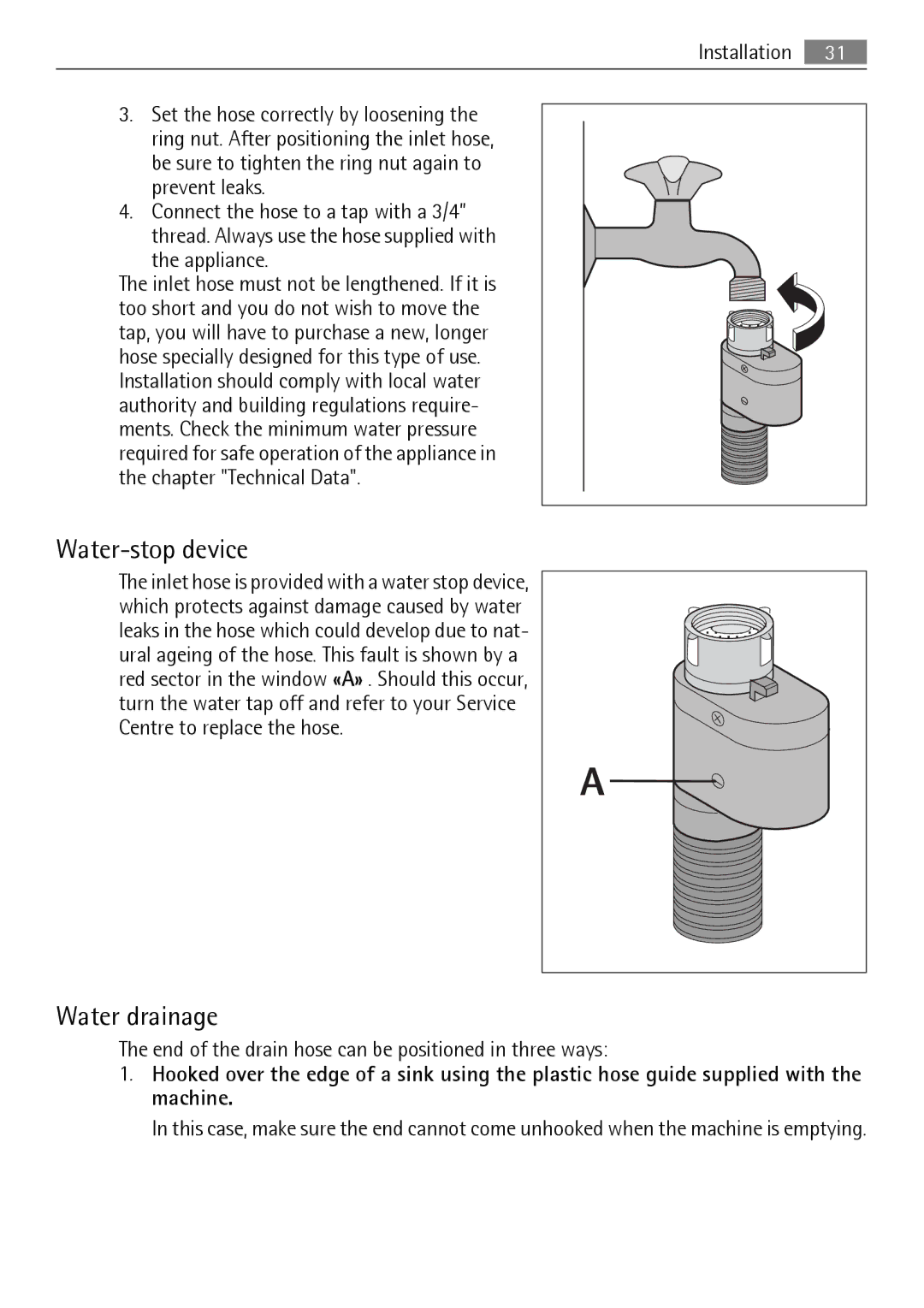 Electrolux 64850LE Water-stop device, Water drainage, Be sure to tighten the ring nut again to prevent leaks, Appliance 