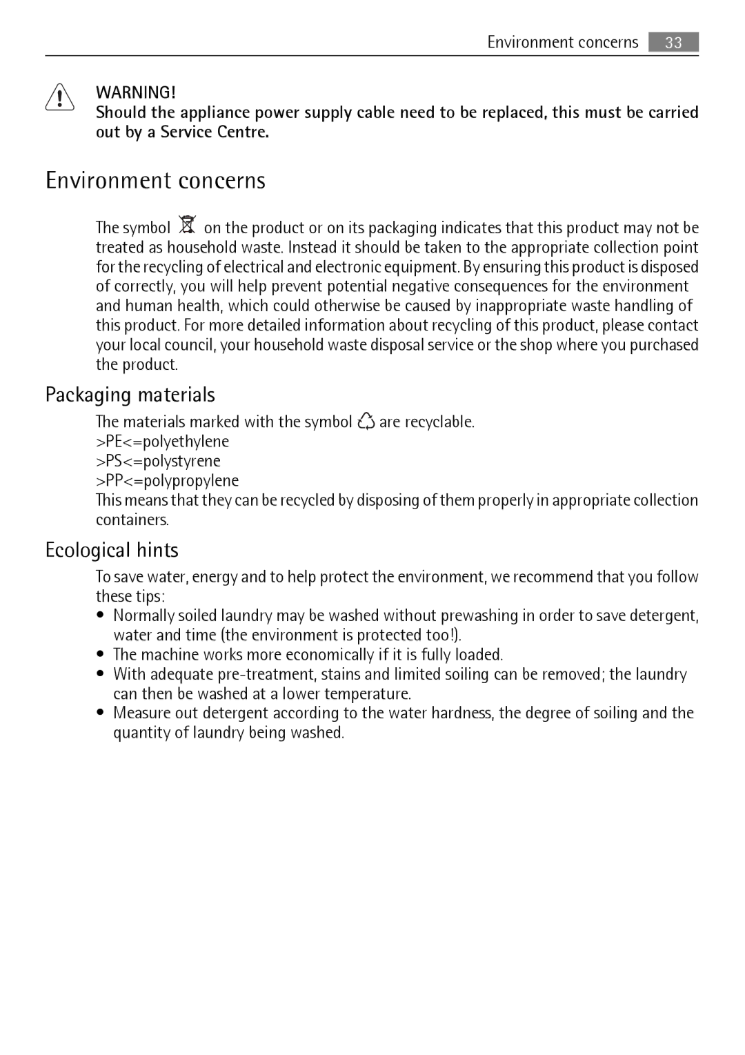 Electrolux 64850LE user manual Environment concerns, Packaging materials, Ecological hints 