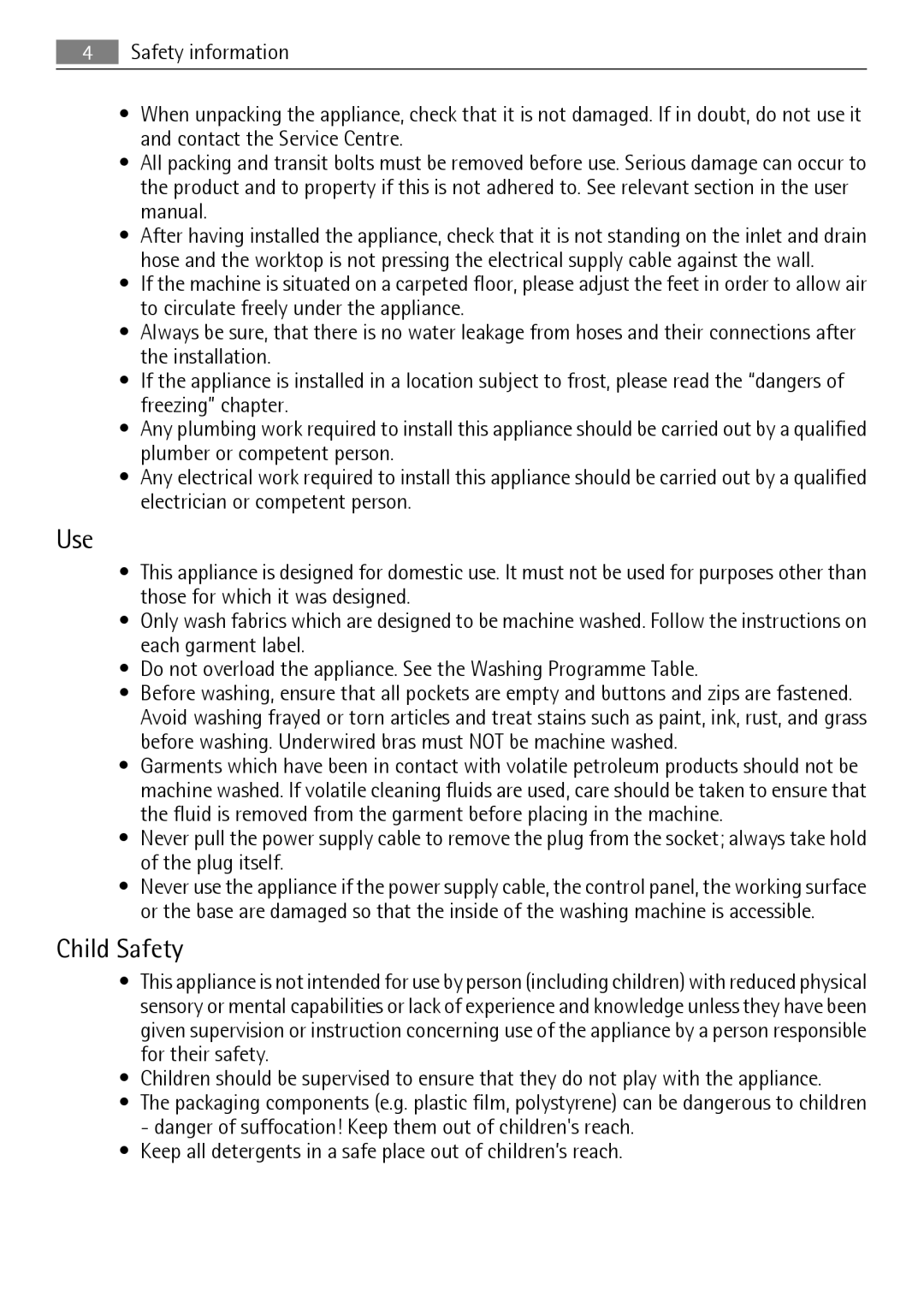 Electrolux 64850LE user manual Use, Child Safety 