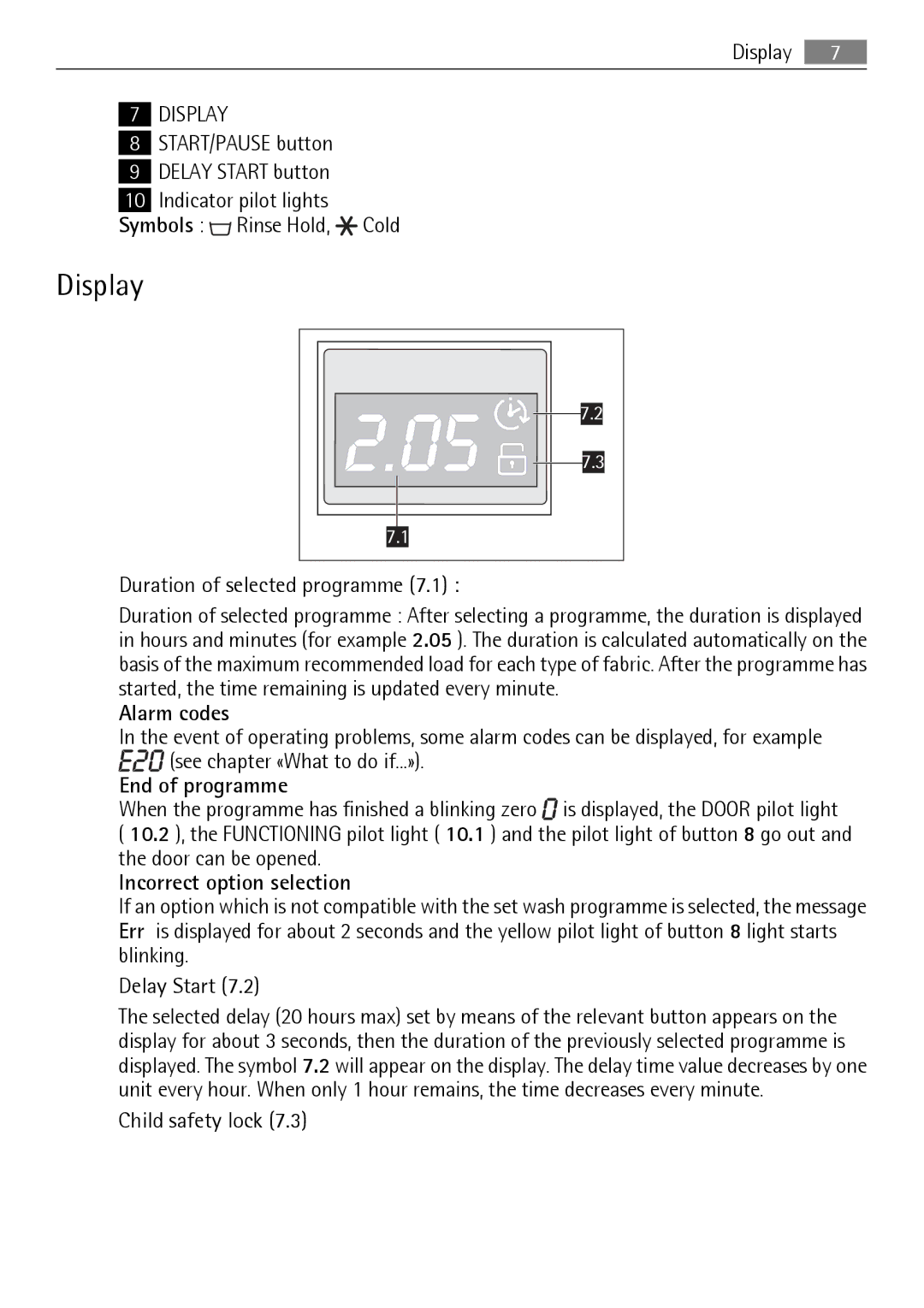 Electrolux 64850LE Display, START/PAUSE button Delay Start button, Duration of selected programme, Child safety lock 