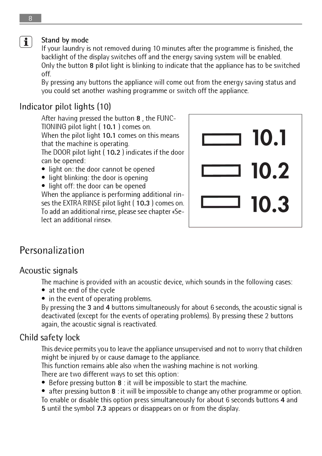 Electrolux 64850LE user manual Personalization, Indicator pilot lights, Acoustic signals, Child safety lock 