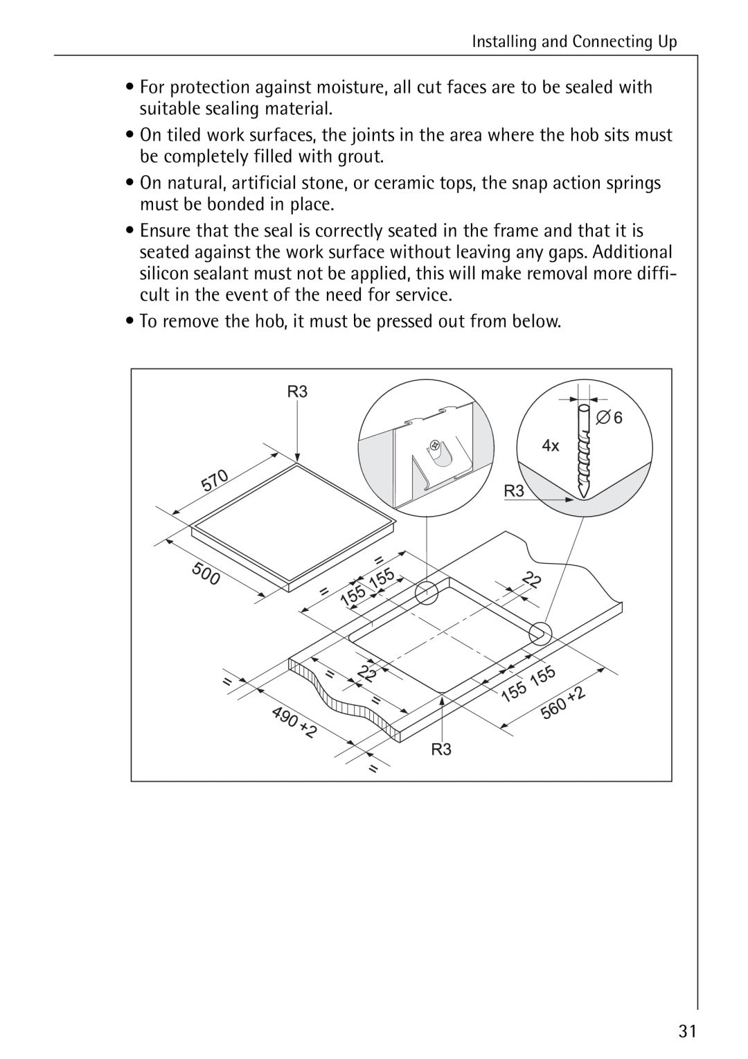 Electrolux 6500 K manual For protection against moisture, all cut faces are to be sealed with suitable sealing material 