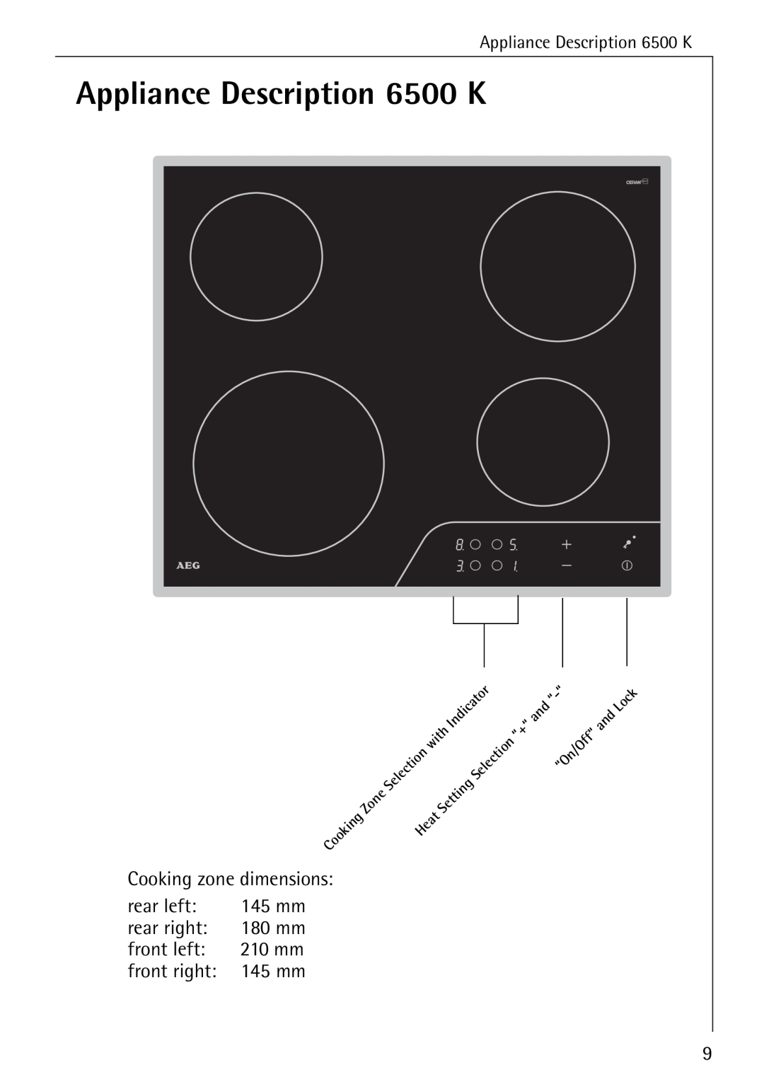 Electrolux manual Appliance Description 6500 K, Cooking zone dimensions, rear left, rear right, front left, front right 