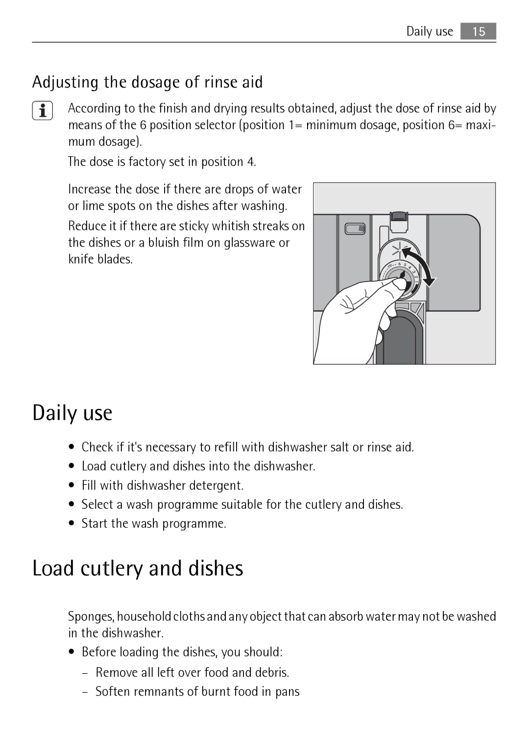 Electrolux 65011 VI user manual Daily use, Load cutlery and dishes, Adjusting the dosage of rinse aid 