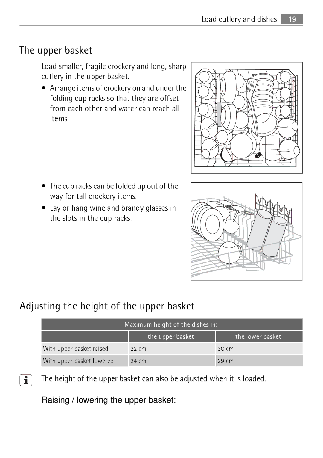 Electrolux 65011 VI user manual Upper basket, Adjusting the height of the upper basket, Raising / lowering the upper basket 