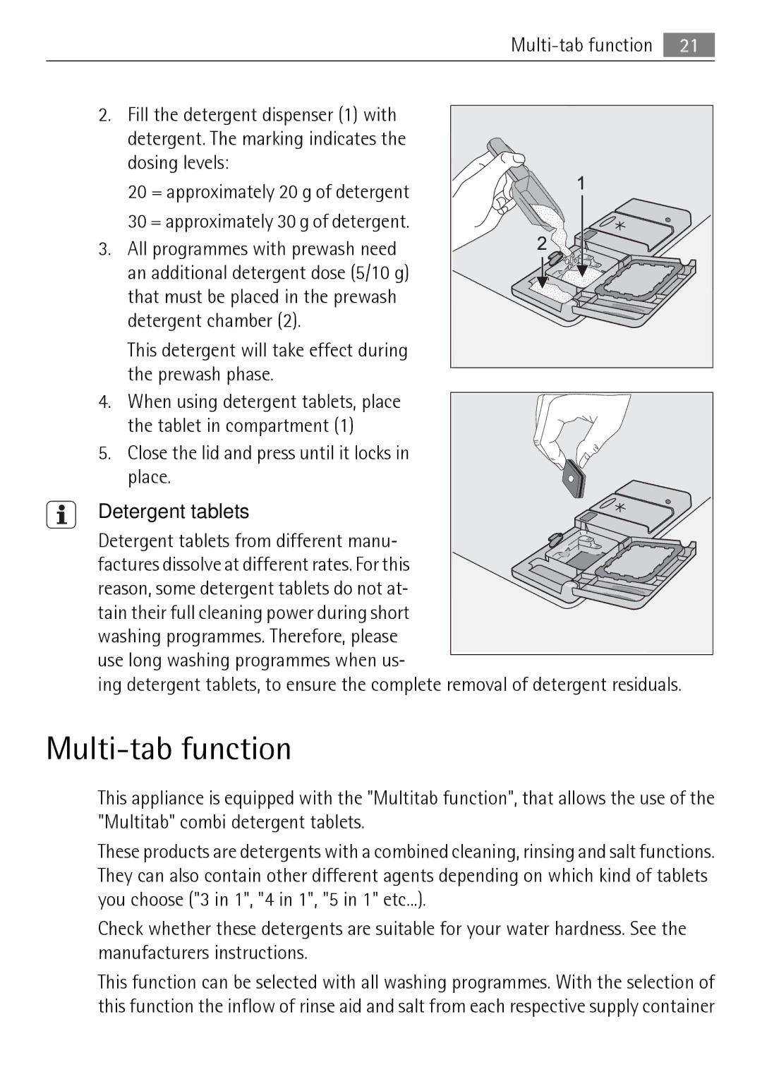 Electrolux 65011 VI user manual Multi-tab function, Detergent tablets 