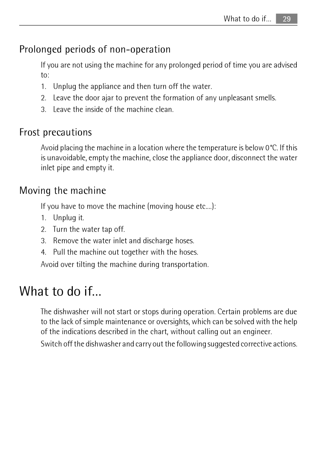 Electrolux 65011 VI user manual What to do if…, Prolonged periods of non-operation, Frost precautions, Moving the machine 