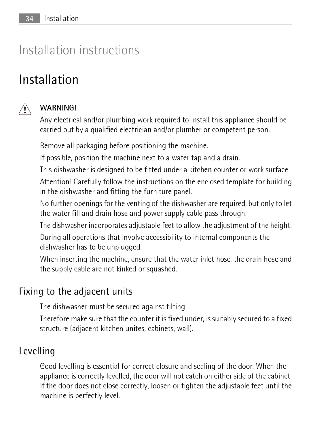 Electrolux 65011 VI user manual Installation, Fixing to the adjacent units, Levelling 