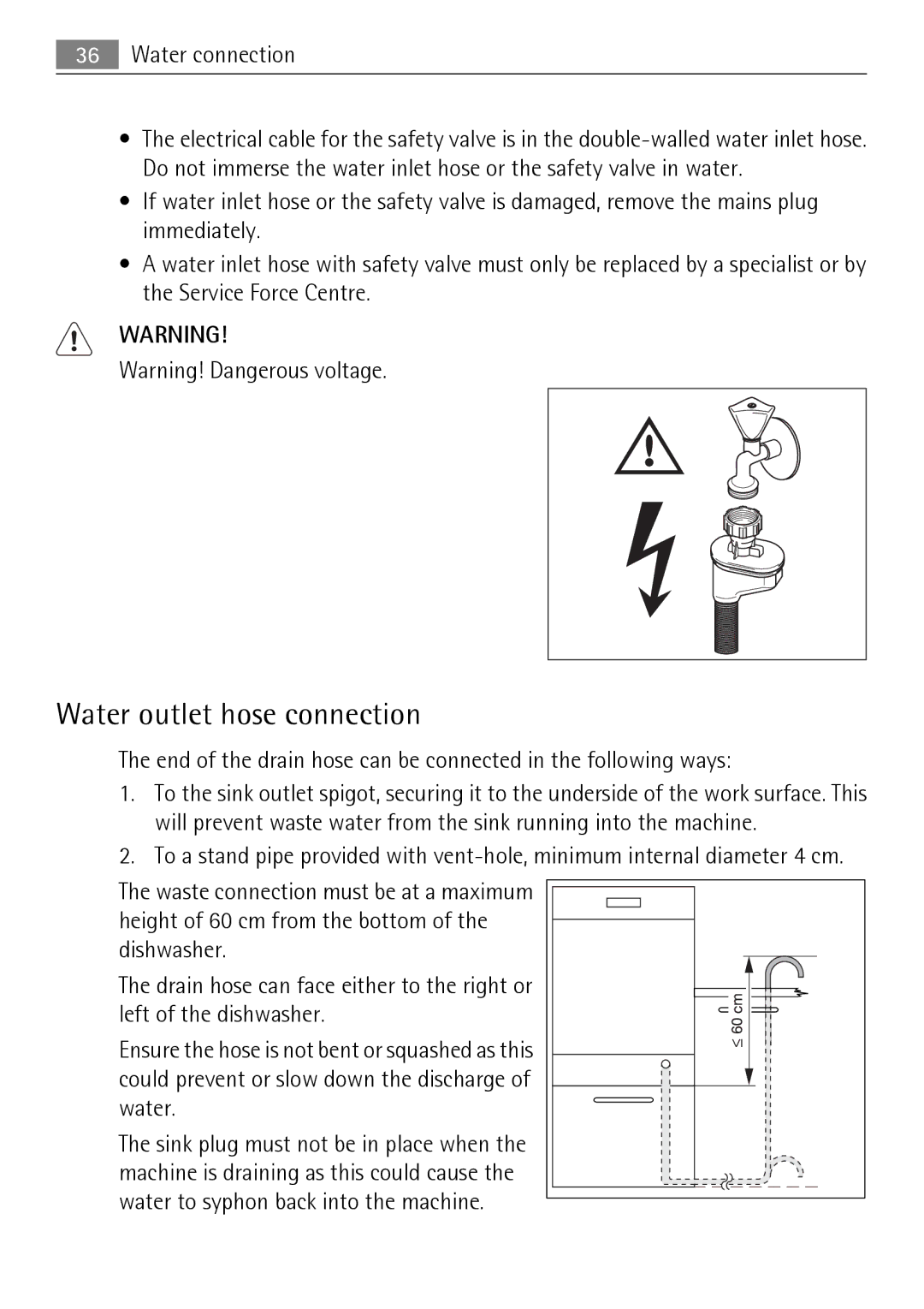 Electrolux 65011 VI user manual Water outlet hose connection 