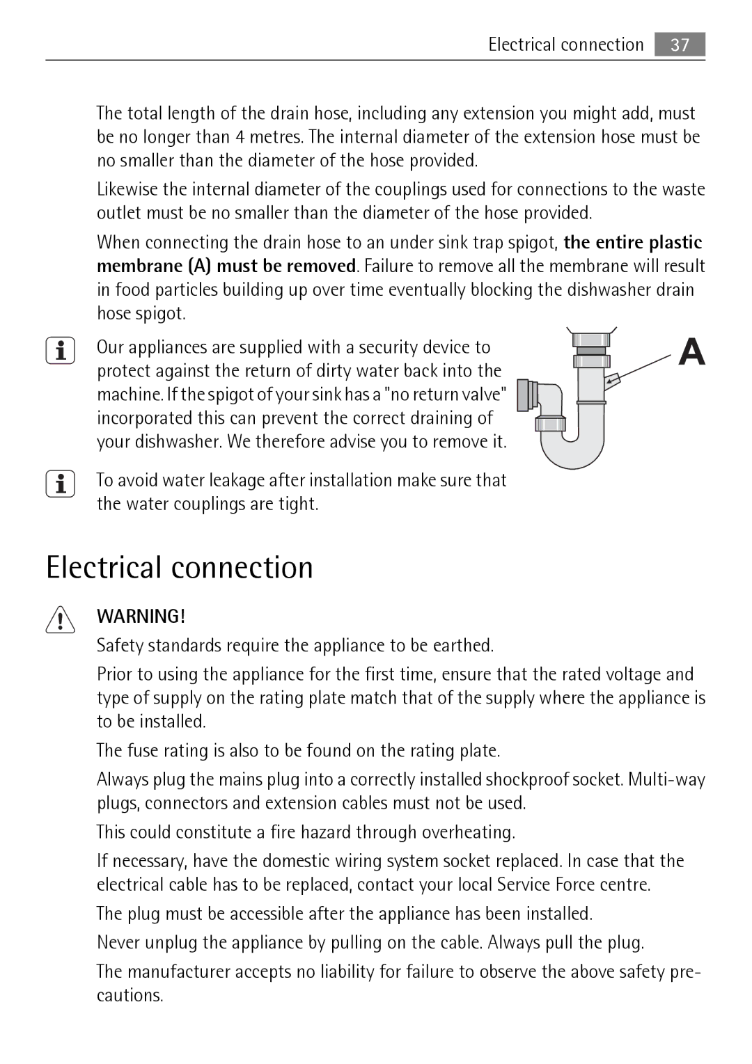 Electrolux 65011 VI user manual Electrical connection, This could constitute a fire hazard through overheating 