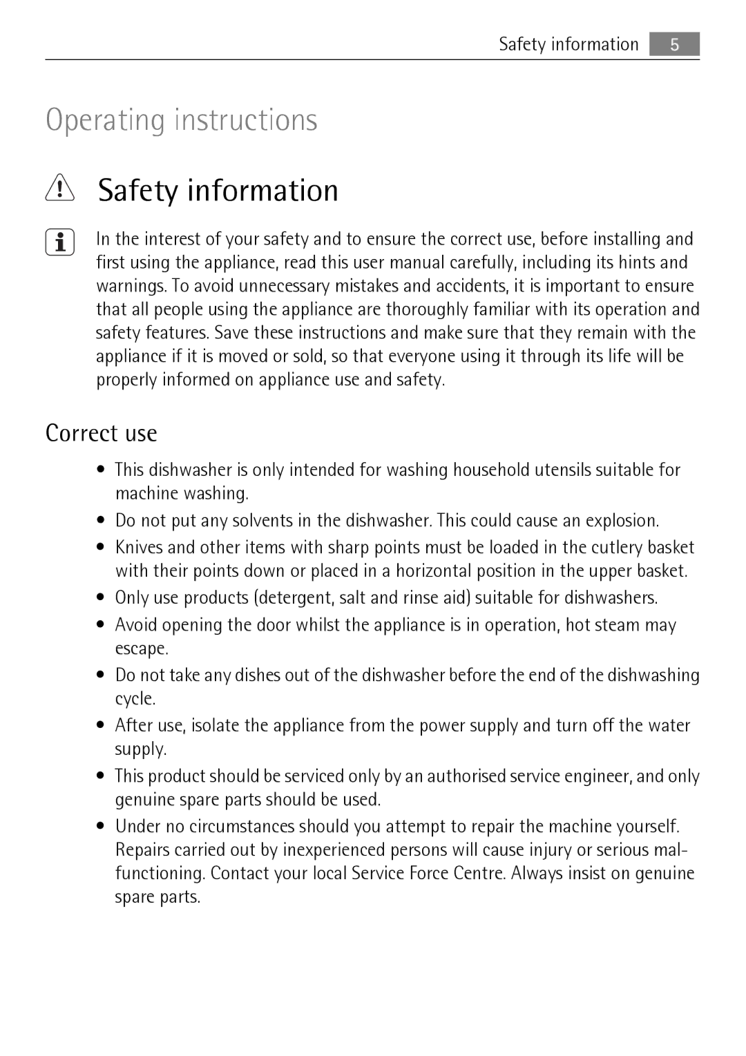 Electrolux 65011 VI user manual Safety information, Correct use 