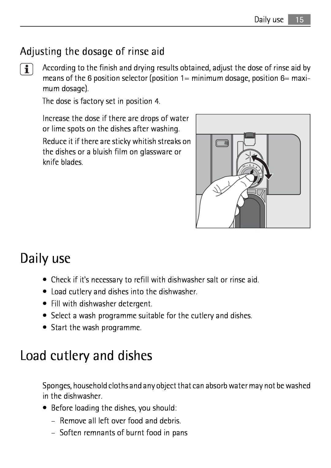 Electrolux 65011 VI user manual Daily use, Load cutlery and dishes, Adjusting the dosage of rinse aid 