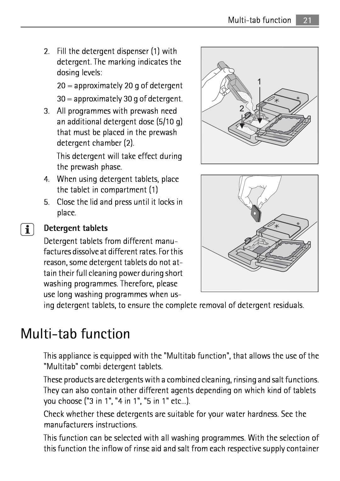 Electrolux 65011 VI user manual Multi-tab function, Detergent tablets 