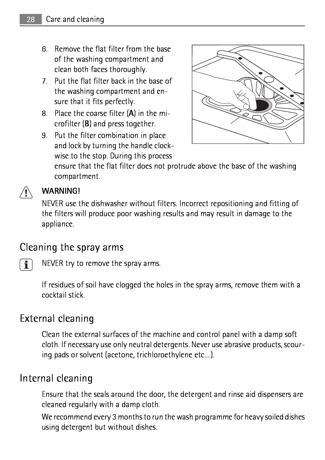 Electrolux 65011 VI user manual Cleaning the spray arms, External cleaning, Internal cleaning 
