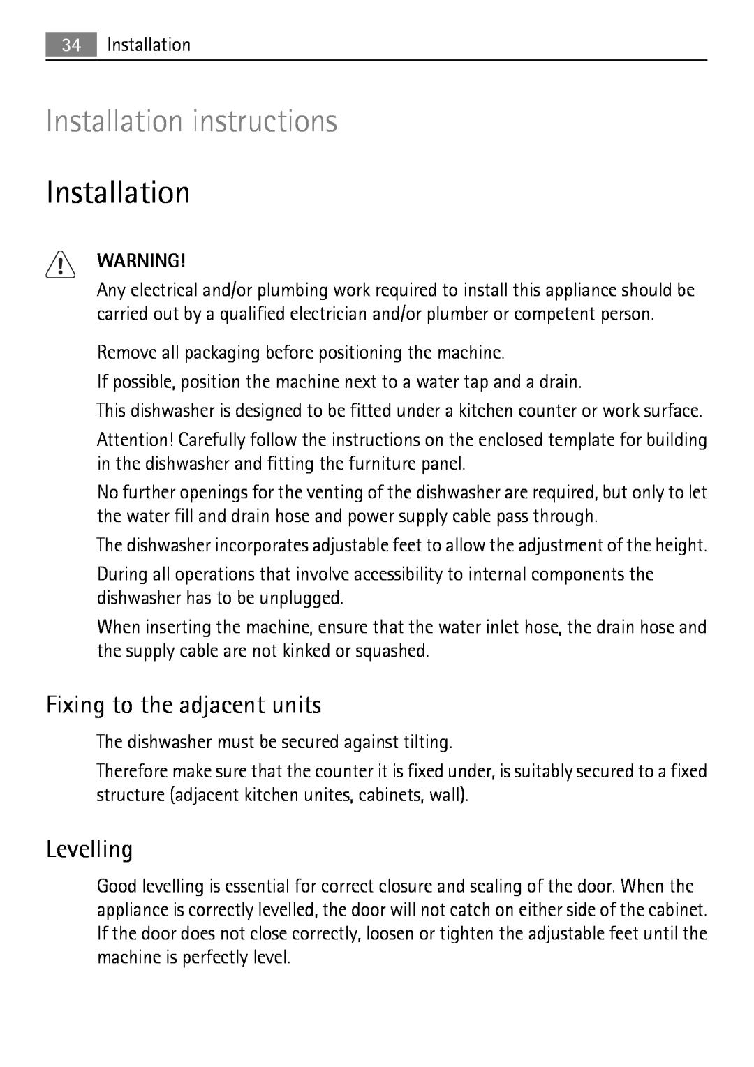 Electrolux 65011 VI user manual Installation instructions, Fixing to the adjacent units, Levelling 