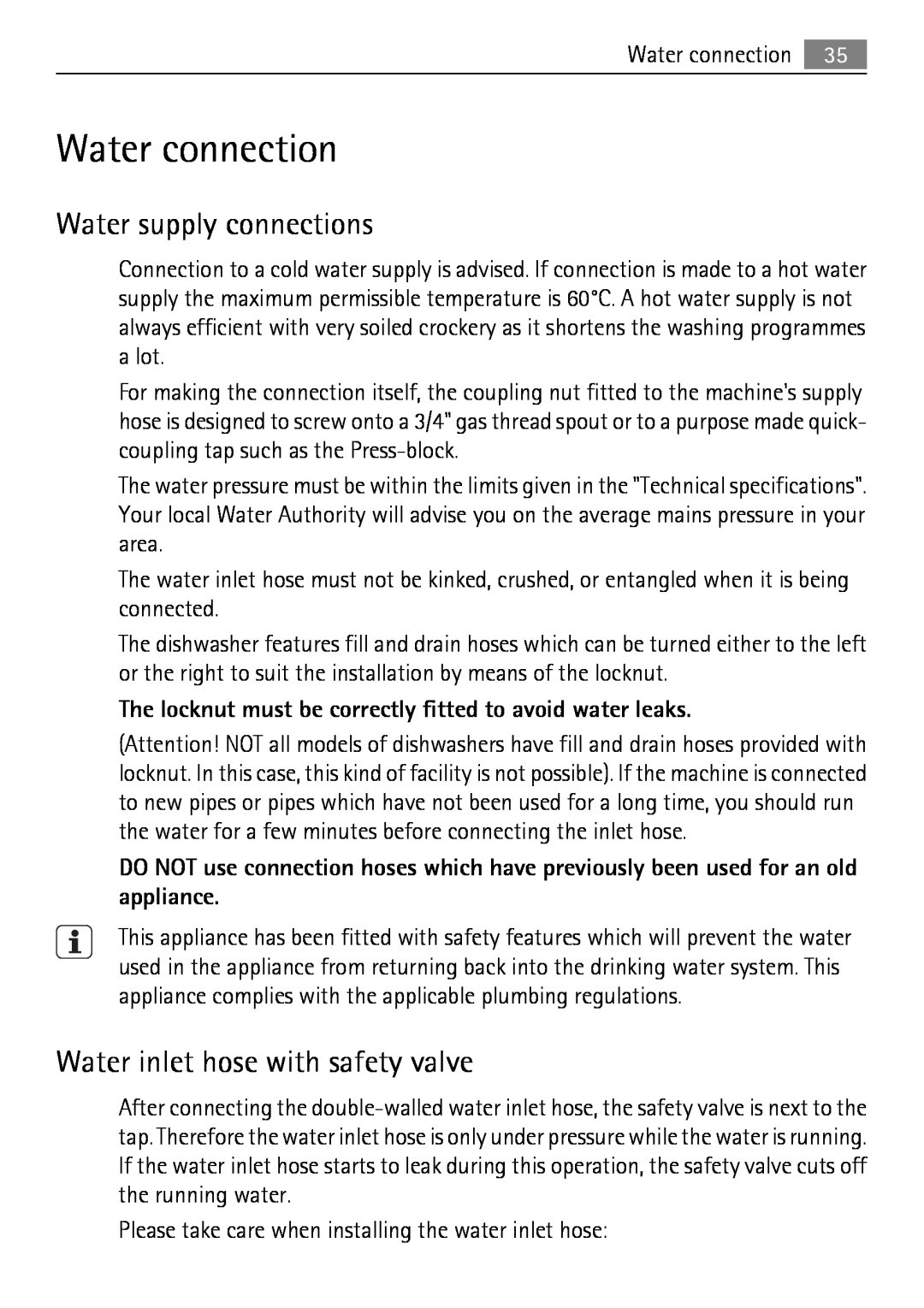 Electrolux 65011 VI user manual Water connection, Water supply connections, Water inlet hose with safety valve 