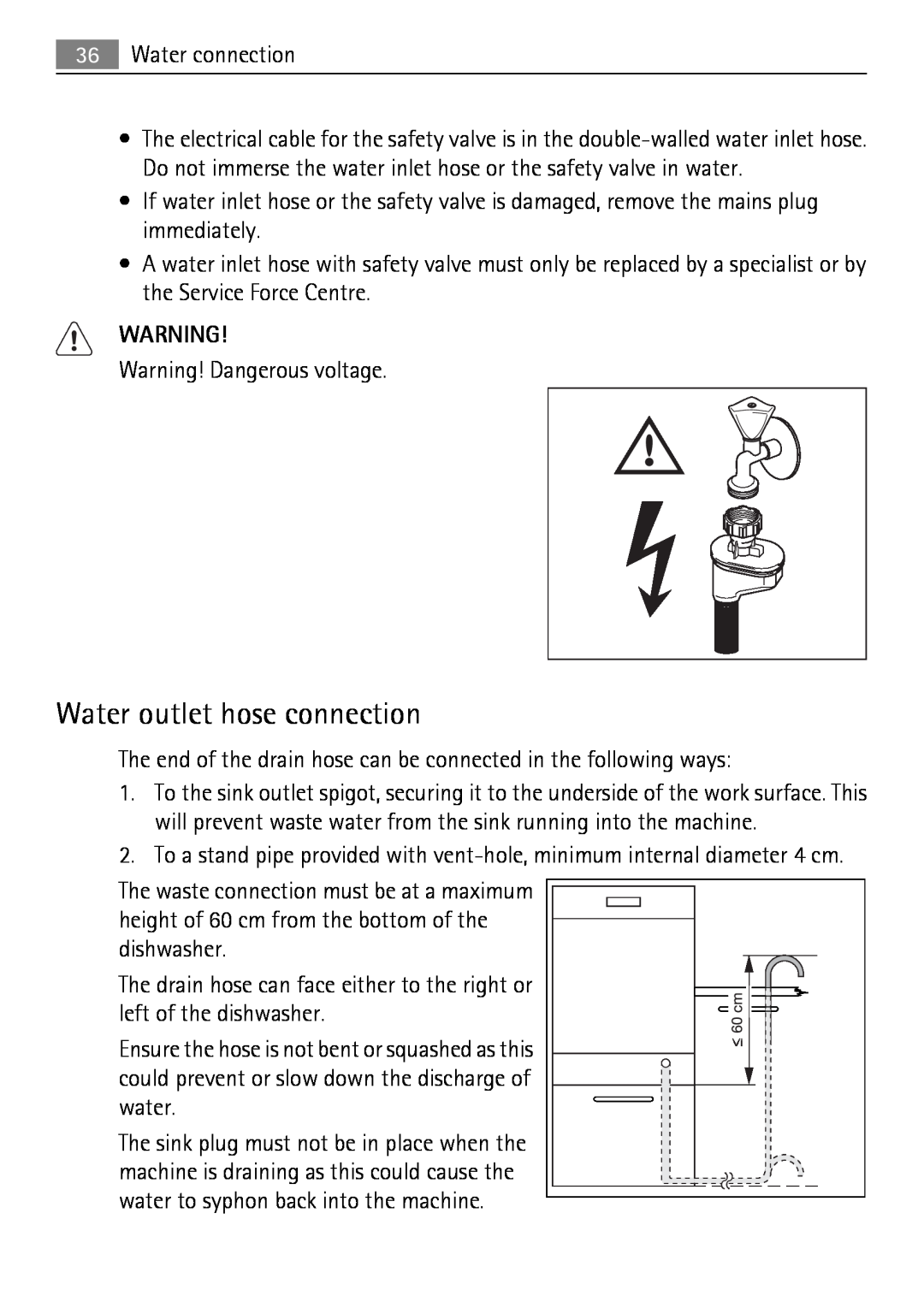 Electrolux 65011 VI user manual Water outlet hose connection 