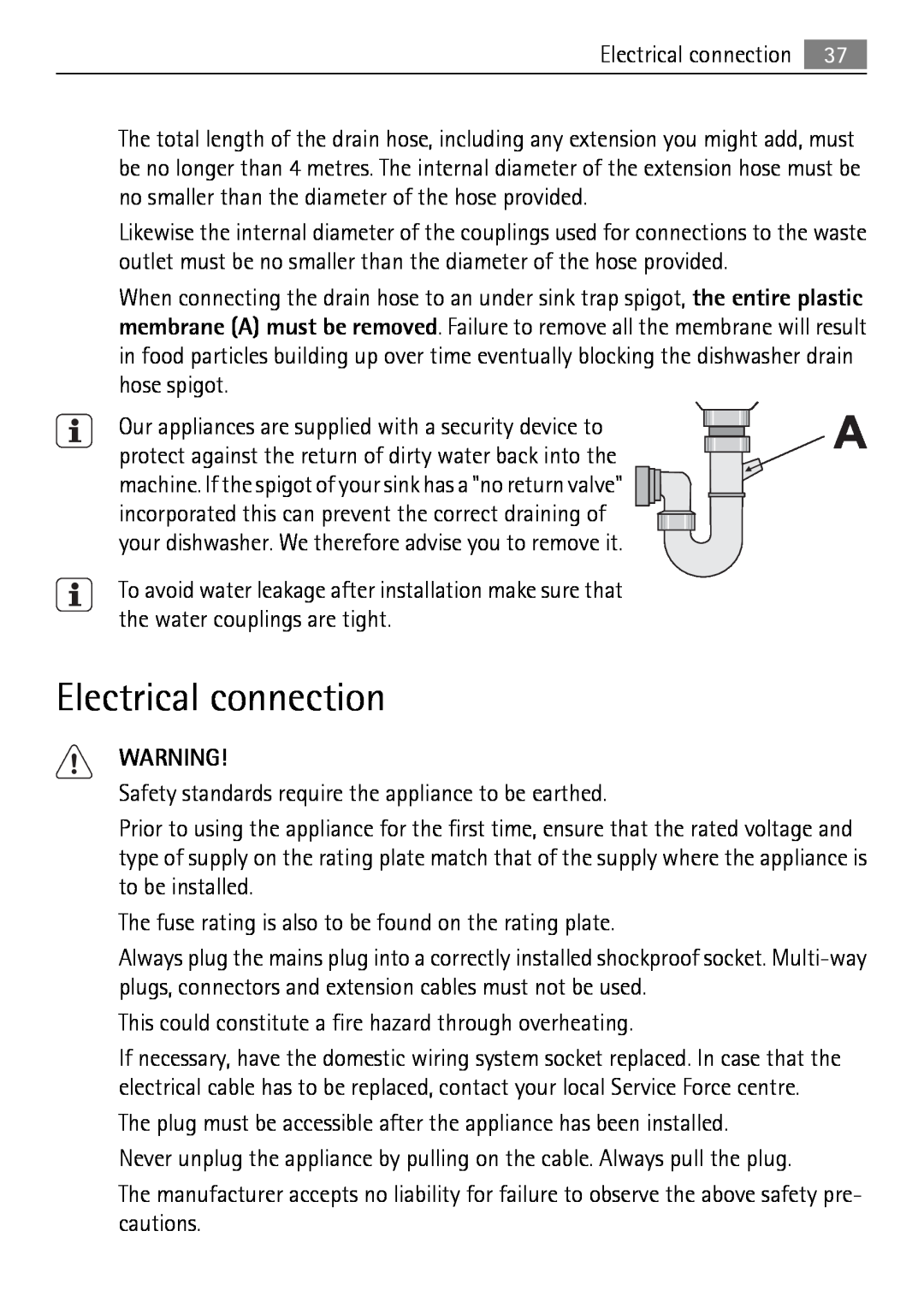 Electrolux 65011 VI user manual Electrical connection 