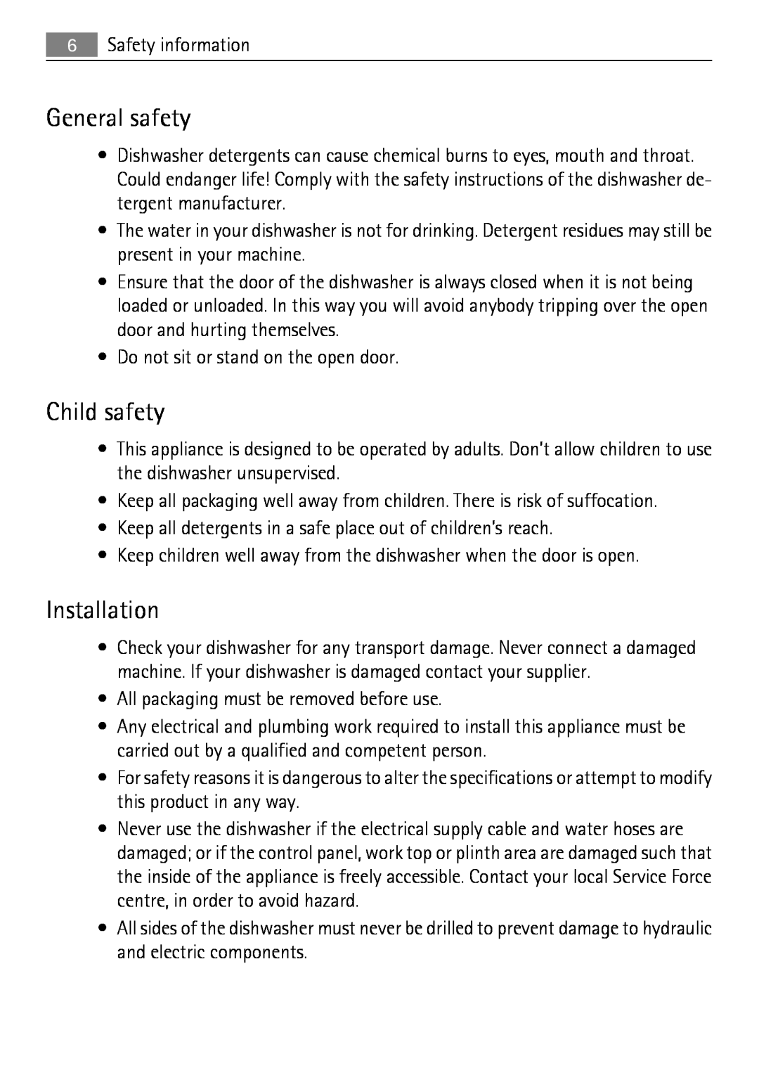 Electrolux 65011 VI user manual General safety, Child safety, Installation 