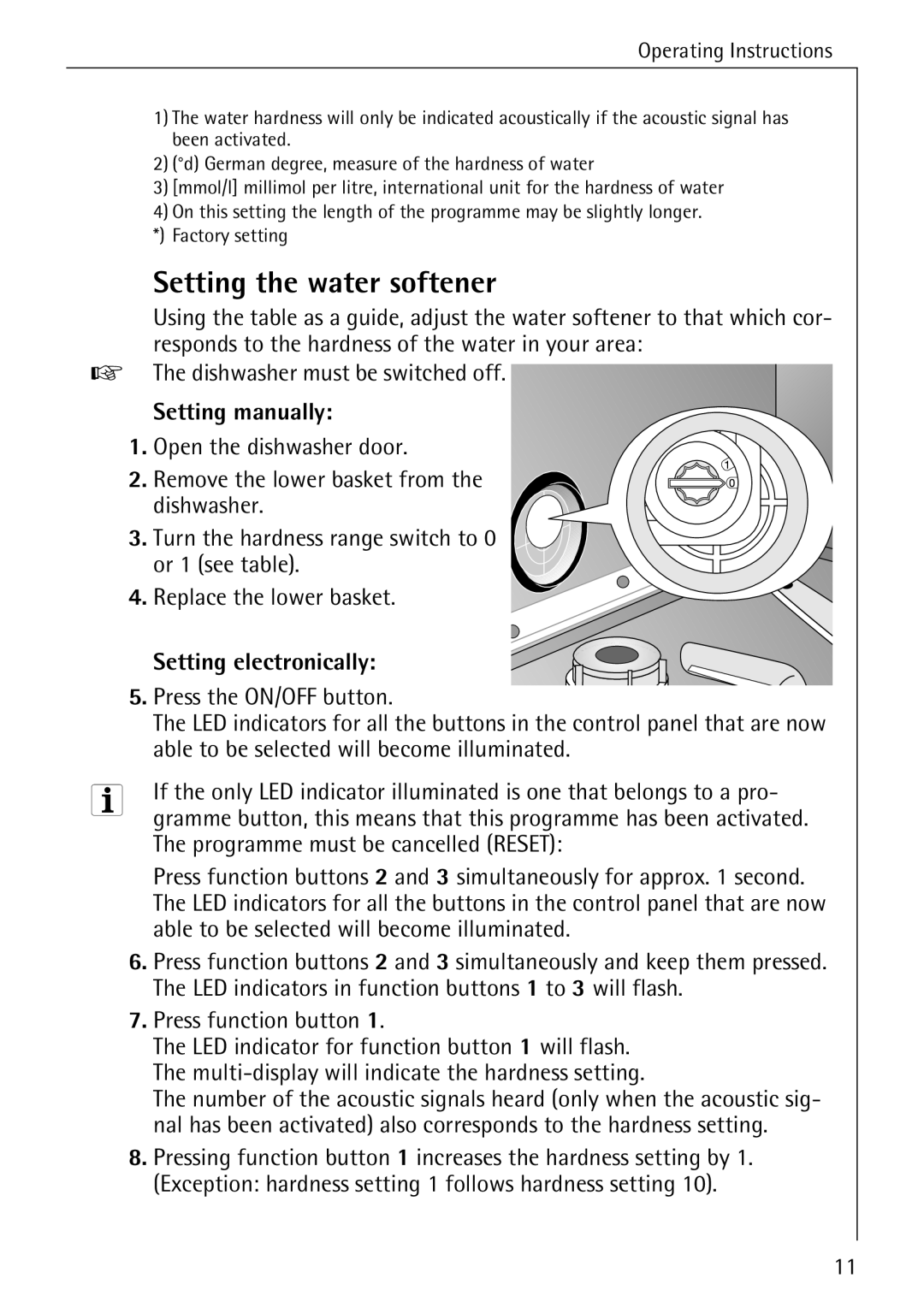 Electrolux 65050 VI Setting the water softener, Setting manually, Setting electronically 