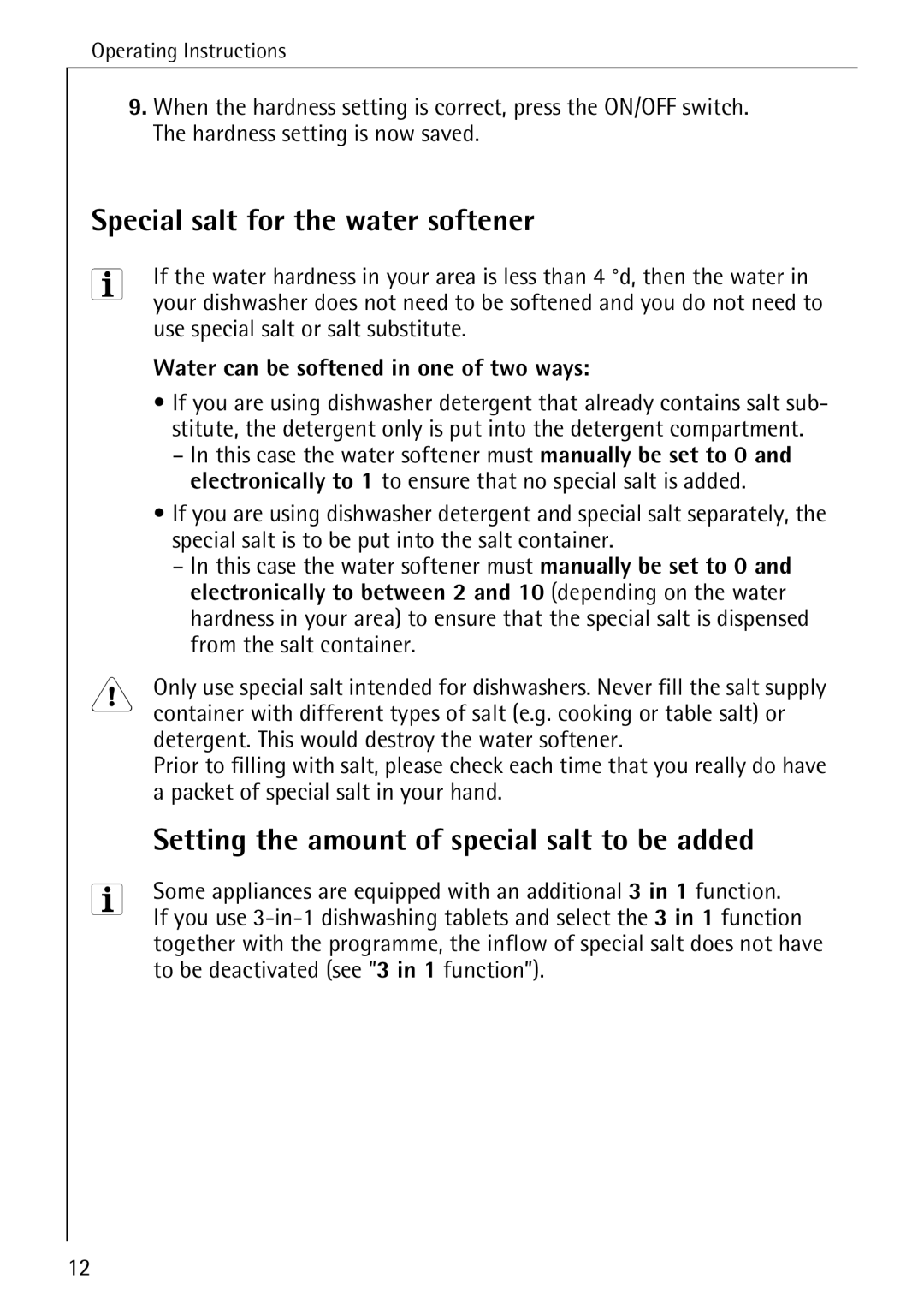 Electrolux 65050 VI manual Special salt for the water softener, Use special salt or salt substitute 