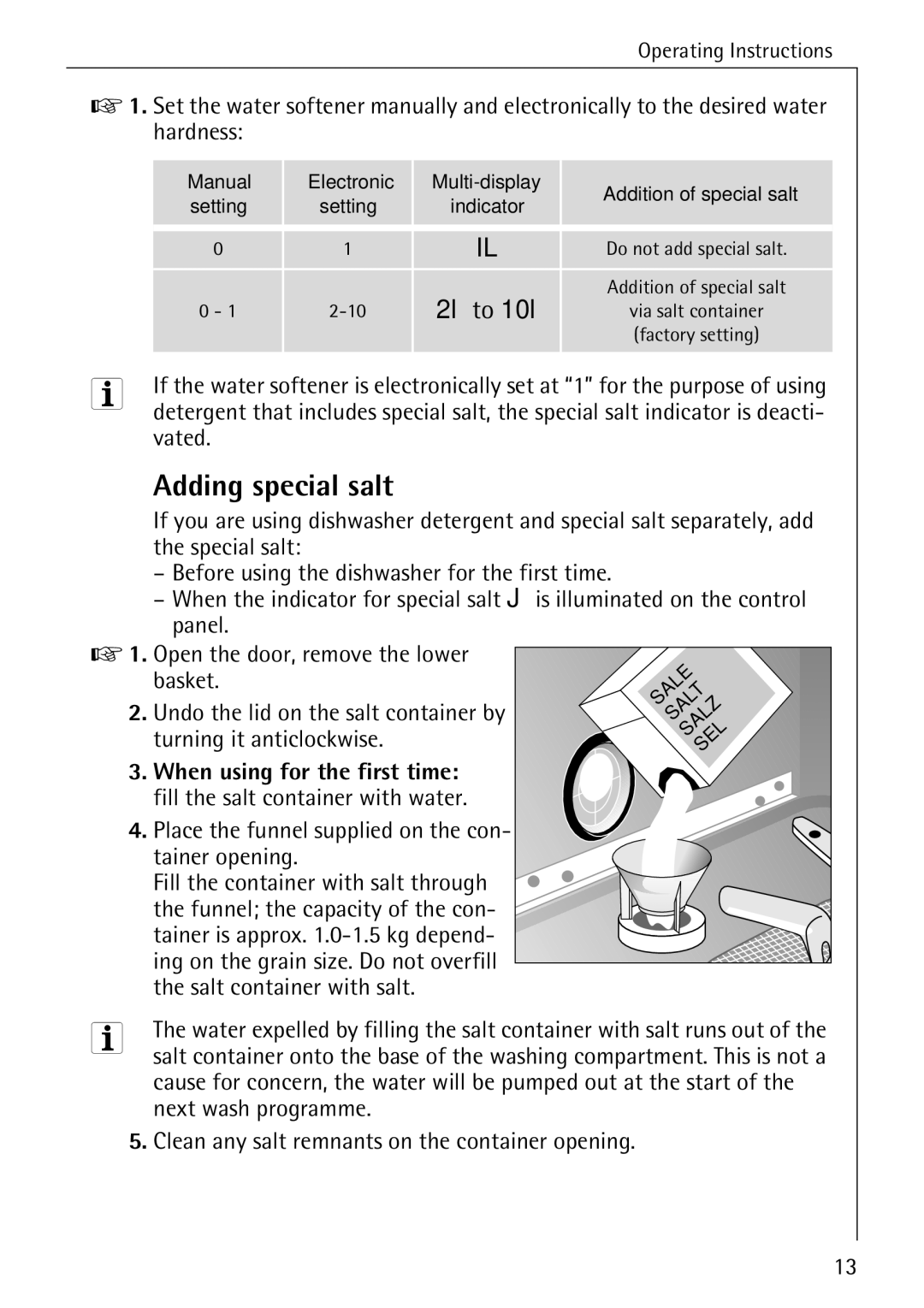 Electrolux 65050 VI manual Adding special salt, Vated 