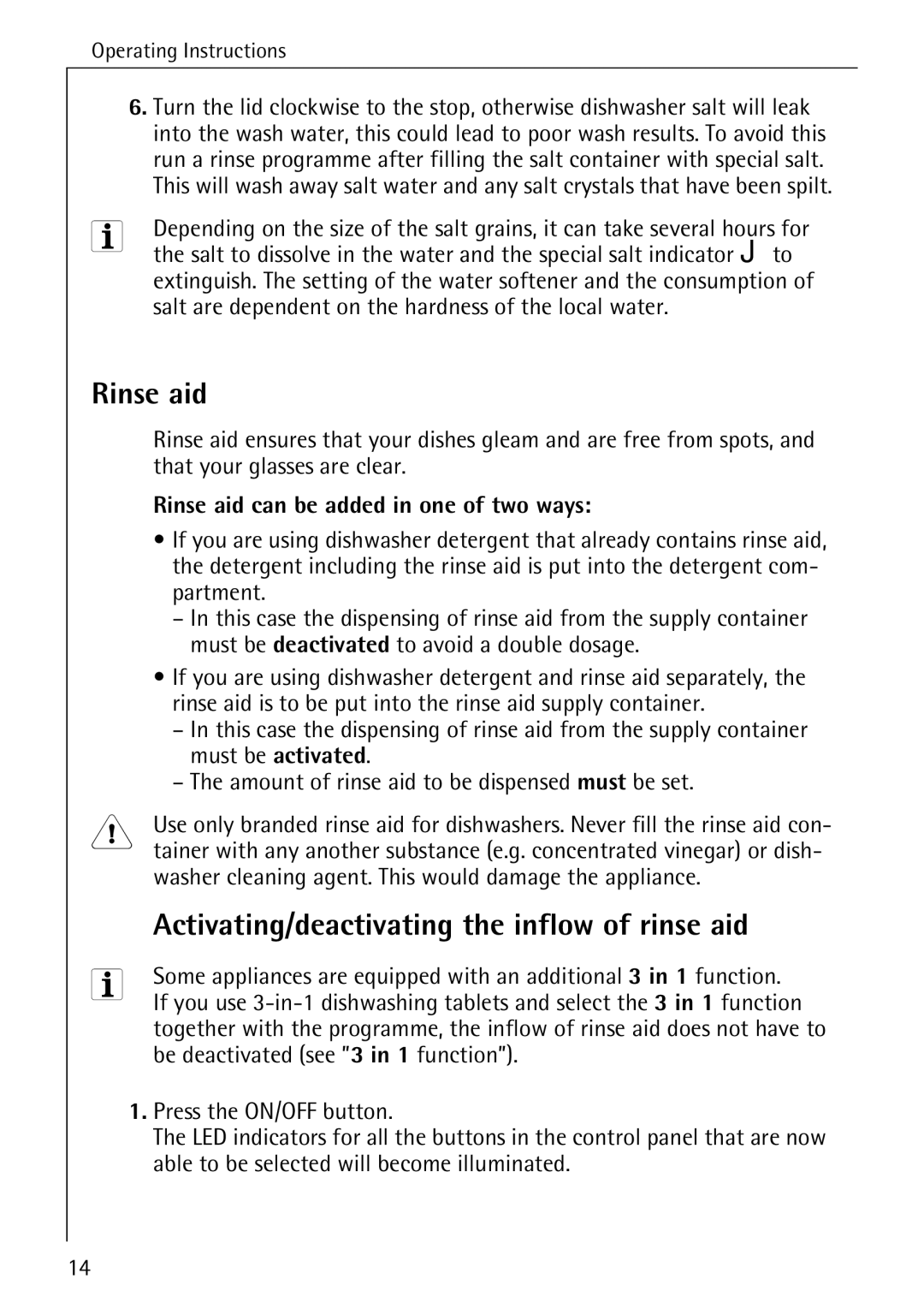 Electrolux 65050 VI manual Activating/deactivating the inflow of rinse aid, Rinse aid can be added in one of two ways 