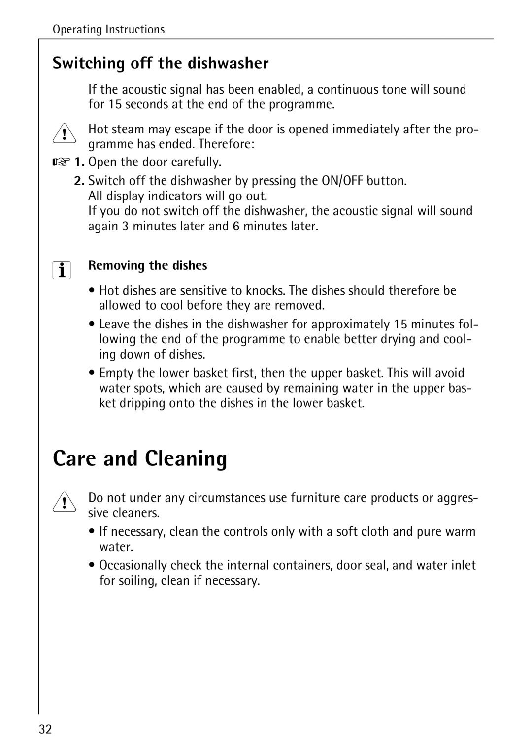 Electrolux 65050 VI manual Care and Cleaning, Switching off the dishwasher, Removing the dishes 