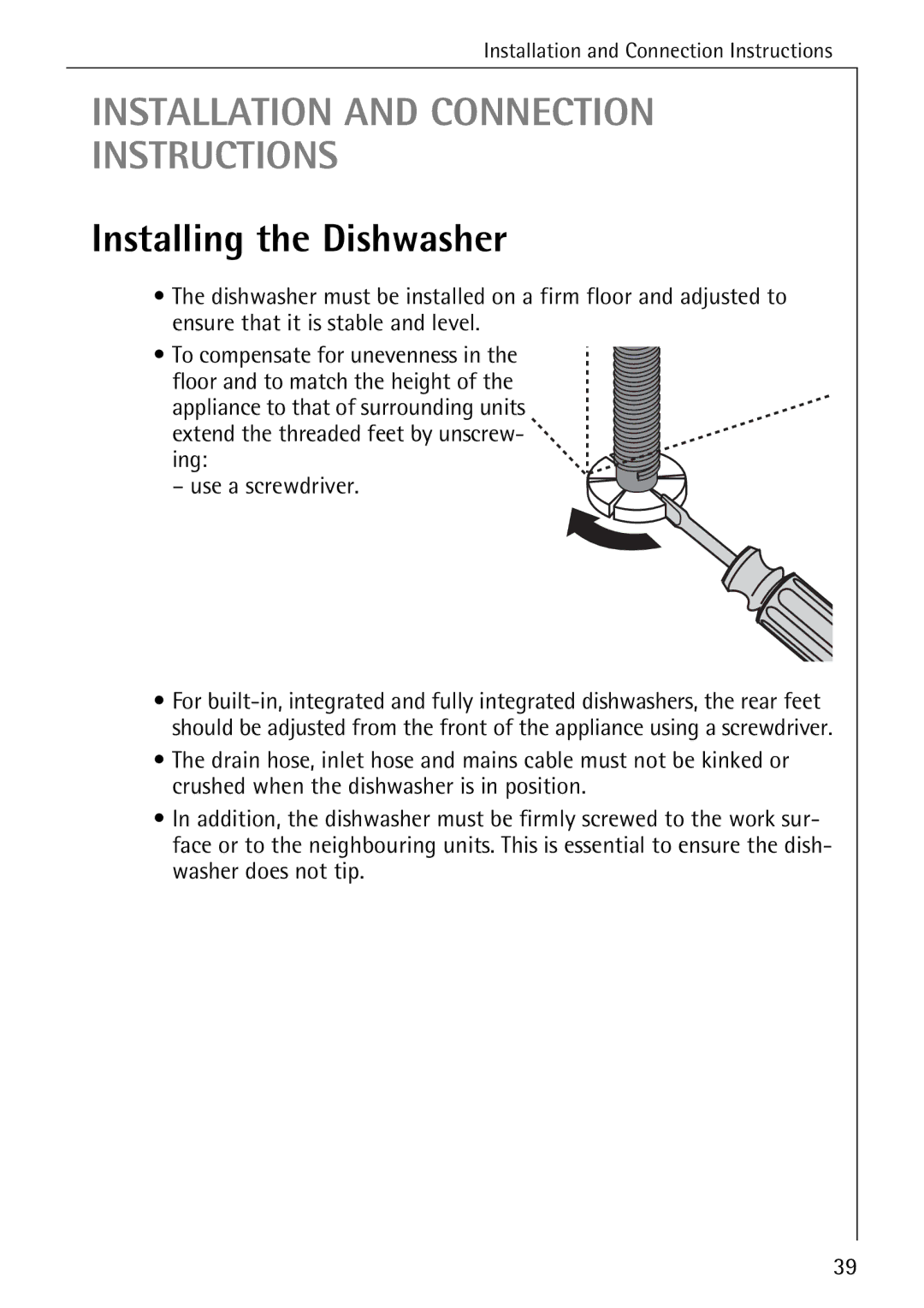 Electrolux 65050 VI manual Installation and Connection Instructions, Installing the Dishwasher 