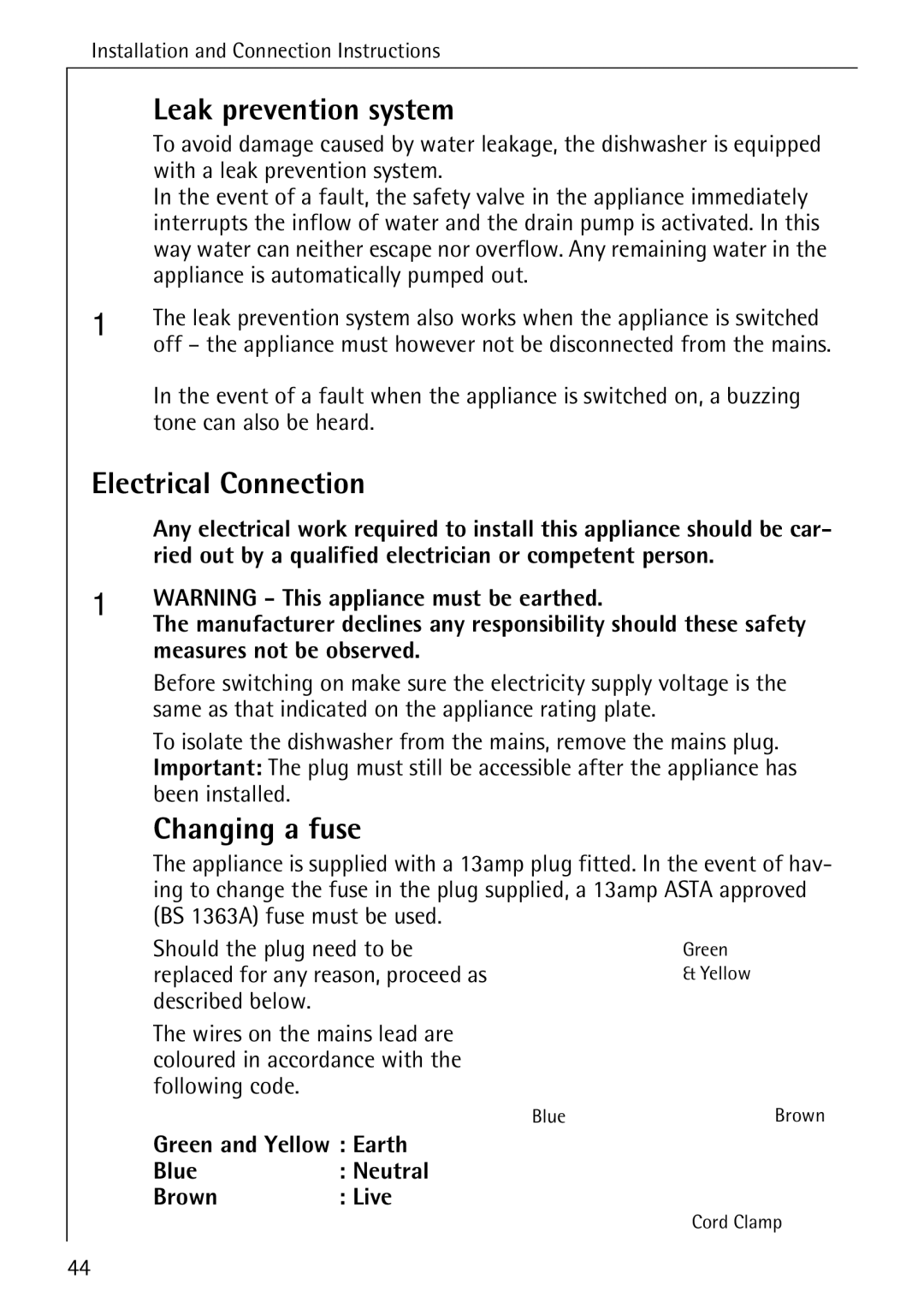 Electrolux 65050 VI manual Leak prevention system, Electrical Connection, Changing a fuse 