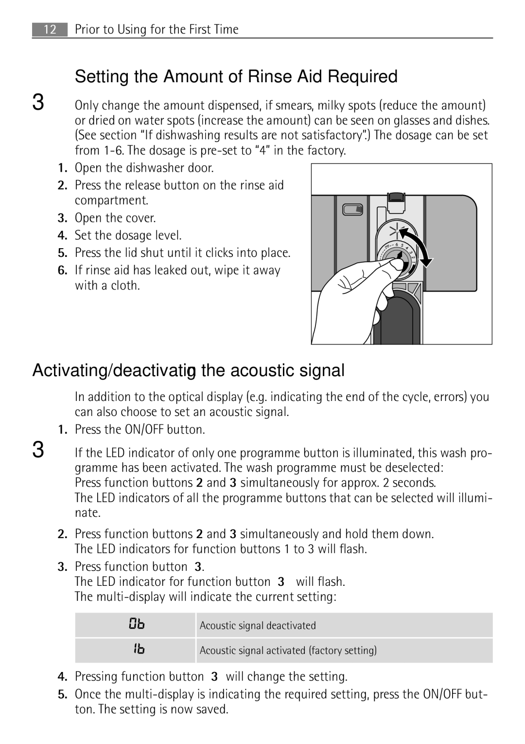 Electrolux 65080 Vi user manual Setting the Amount of Rinse Aid Required, Activating/deactivating the acoustic signal 