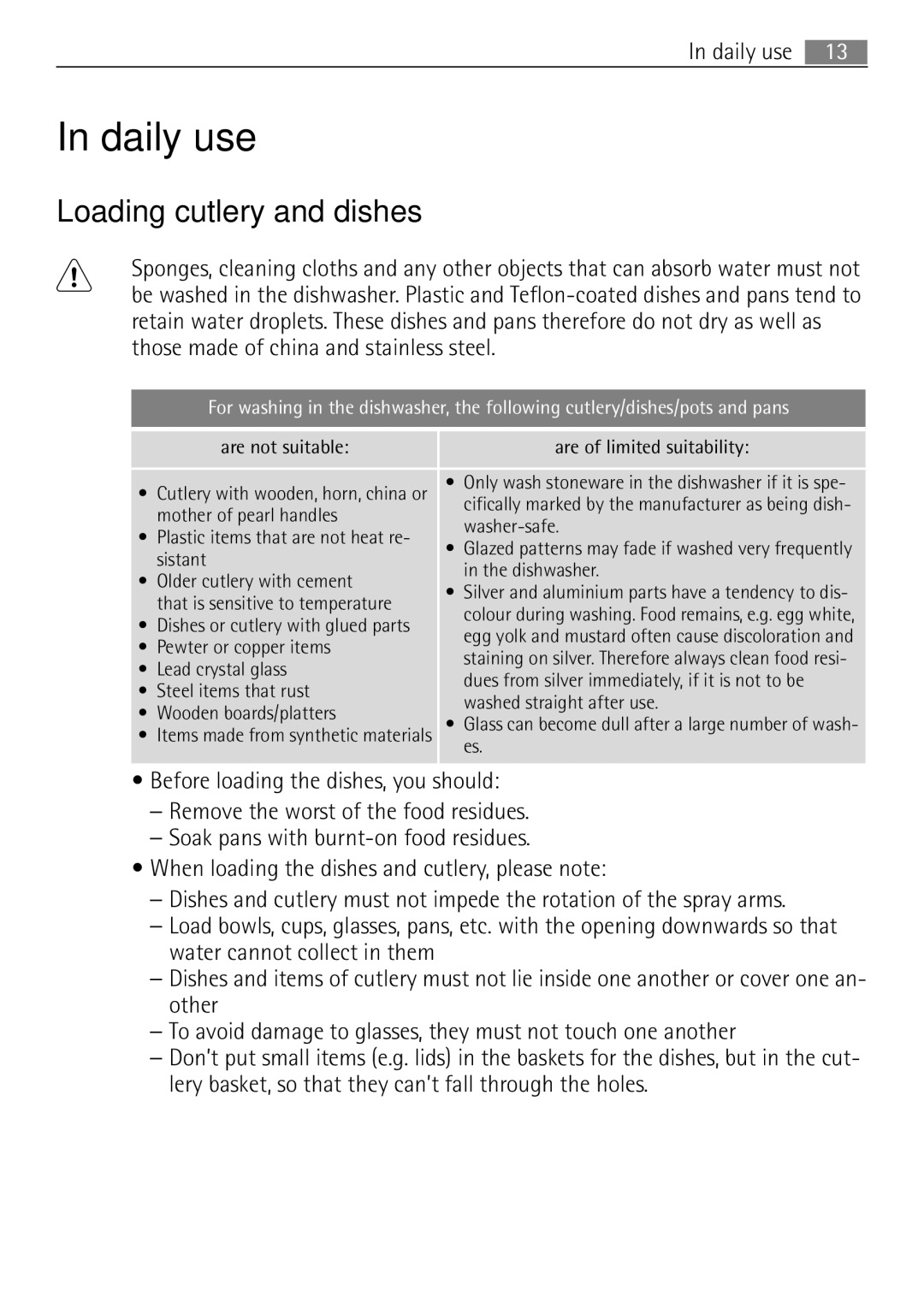 Electrolux 65080 Vi user manual Daily use, Loading cutlery and dishes 