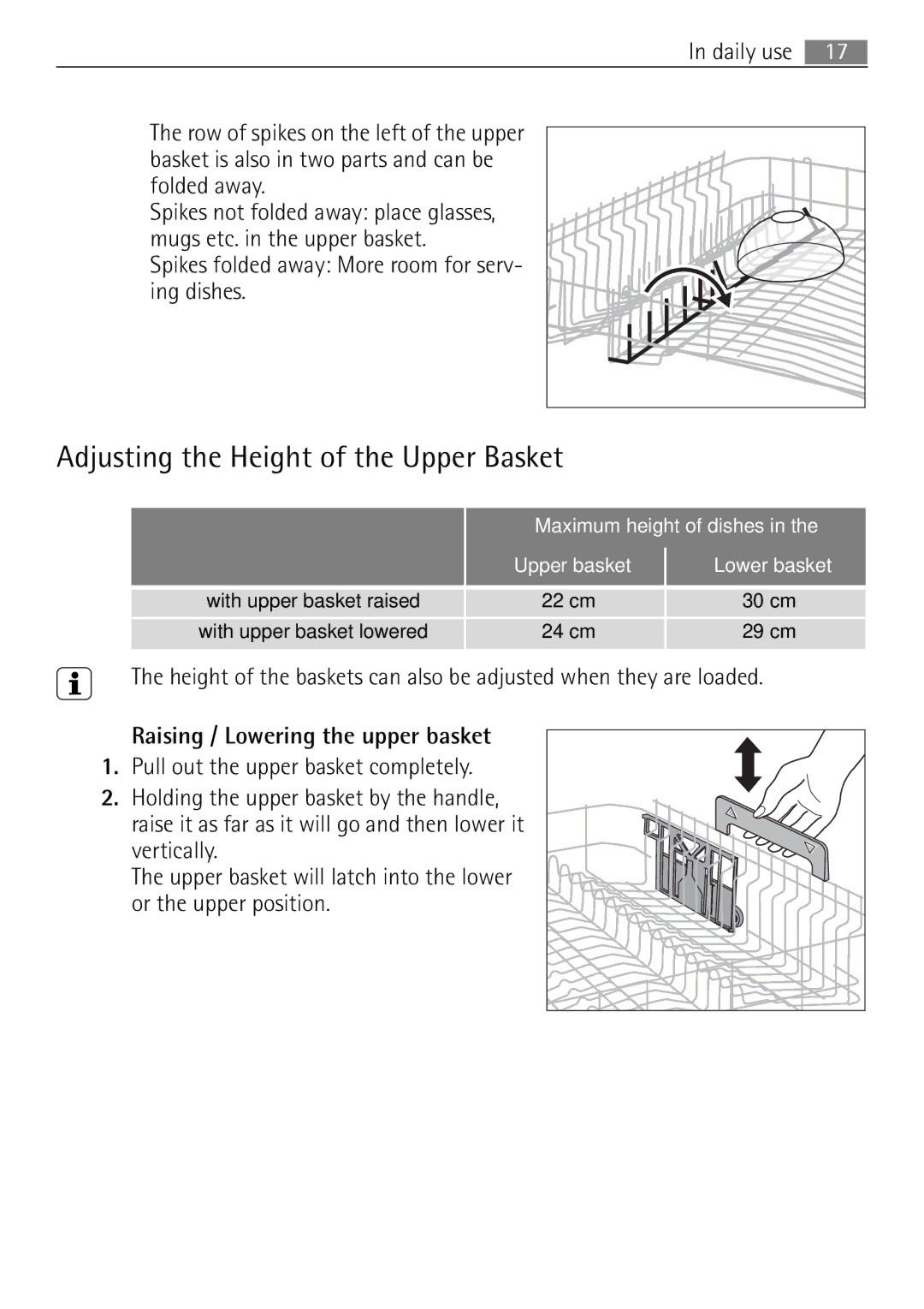 Electrolux 65080 Vi user manual Adjusting the Height of the Upper Basket, Folded away 