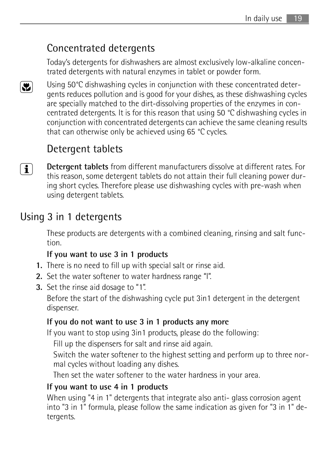 Electrolux 65080 Vi user manual Concentrated detergents, Detergent tablets, Using 3 in 1 detergents 