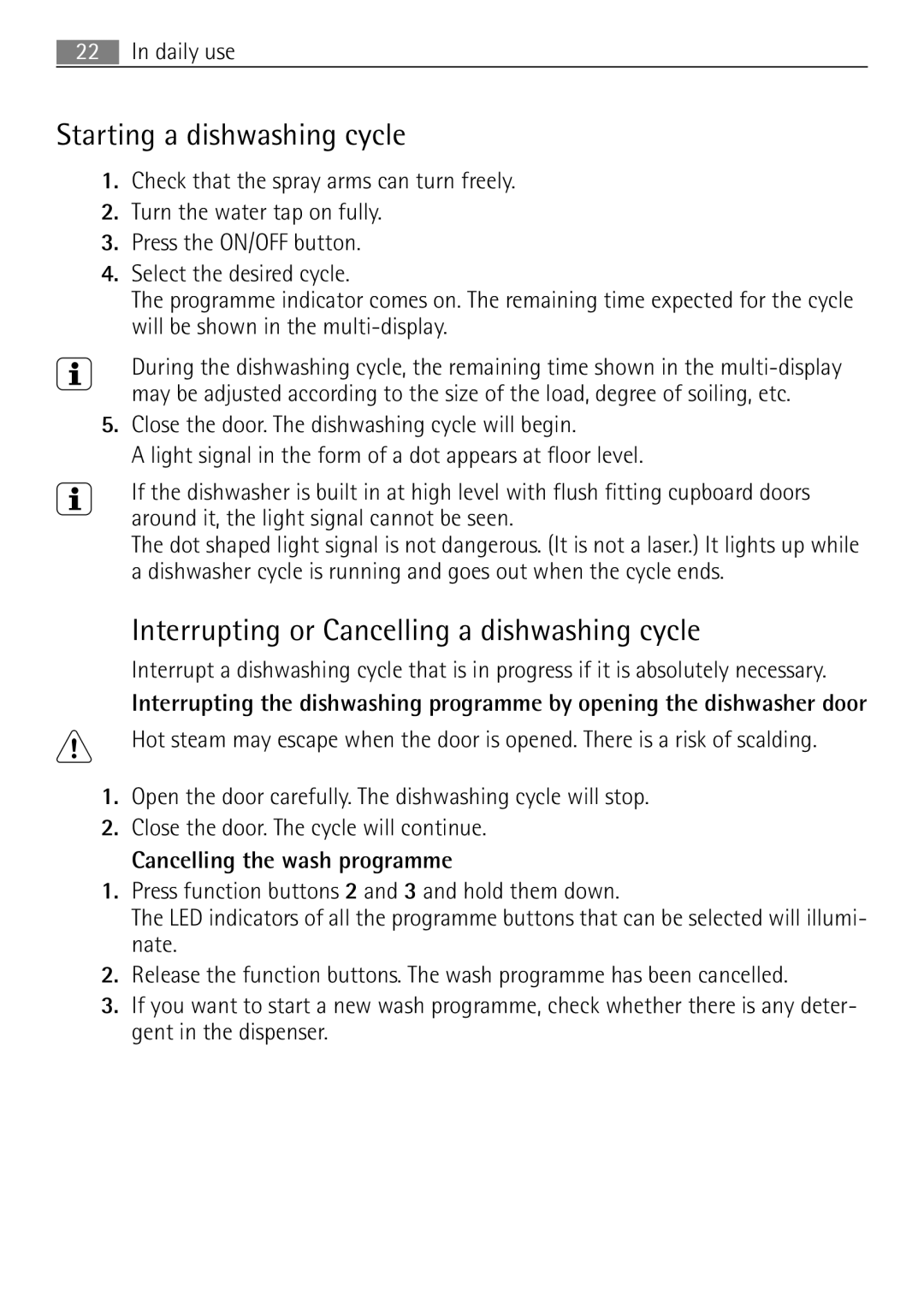 Electrolux 65080 Vi user manual Starting a dishwashing cycle, Interrupting or Cancelling a dishwashing cycle 