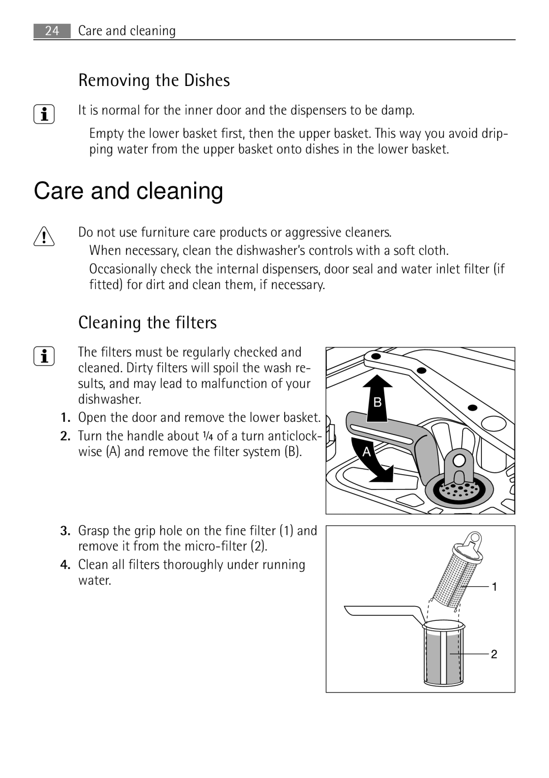 Electrolux 65080 Vi user manual Care and cleaning, Removing the Dishes, Cleaning the filters 