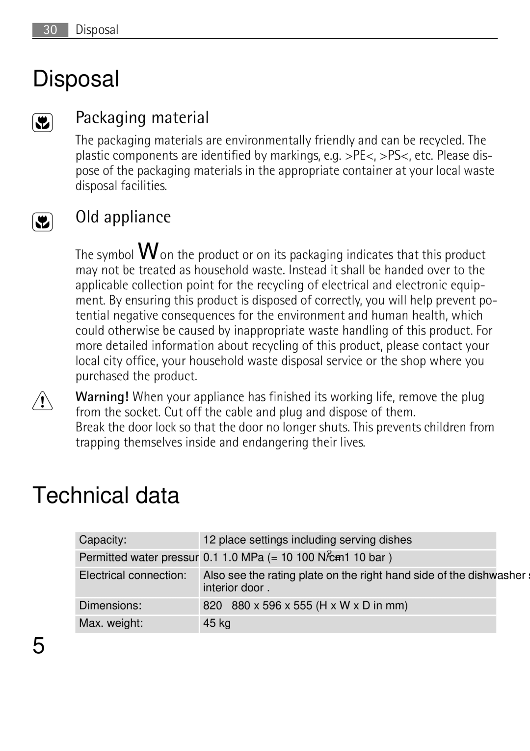 Electrolux 65080 Vi user manual Disposal, Technical data, Packaging material, Old appliance 