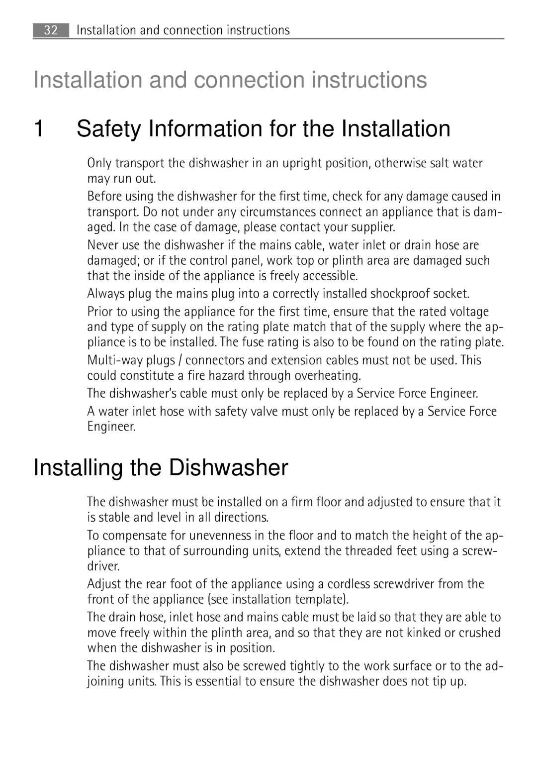 Electrolux 65080 Vi user manual Safety Information for the Installation, Installing the Dishwasher 