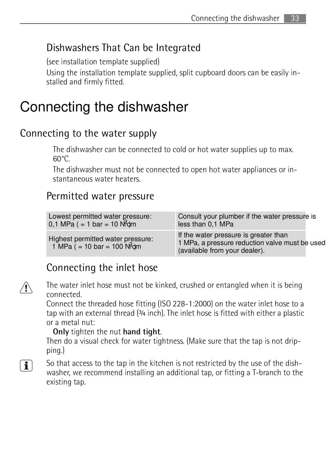 Electrolux 65080 Vi Connecting the dishwasher, Dishwashers That Can be Integrated, Connecting to the water supply 