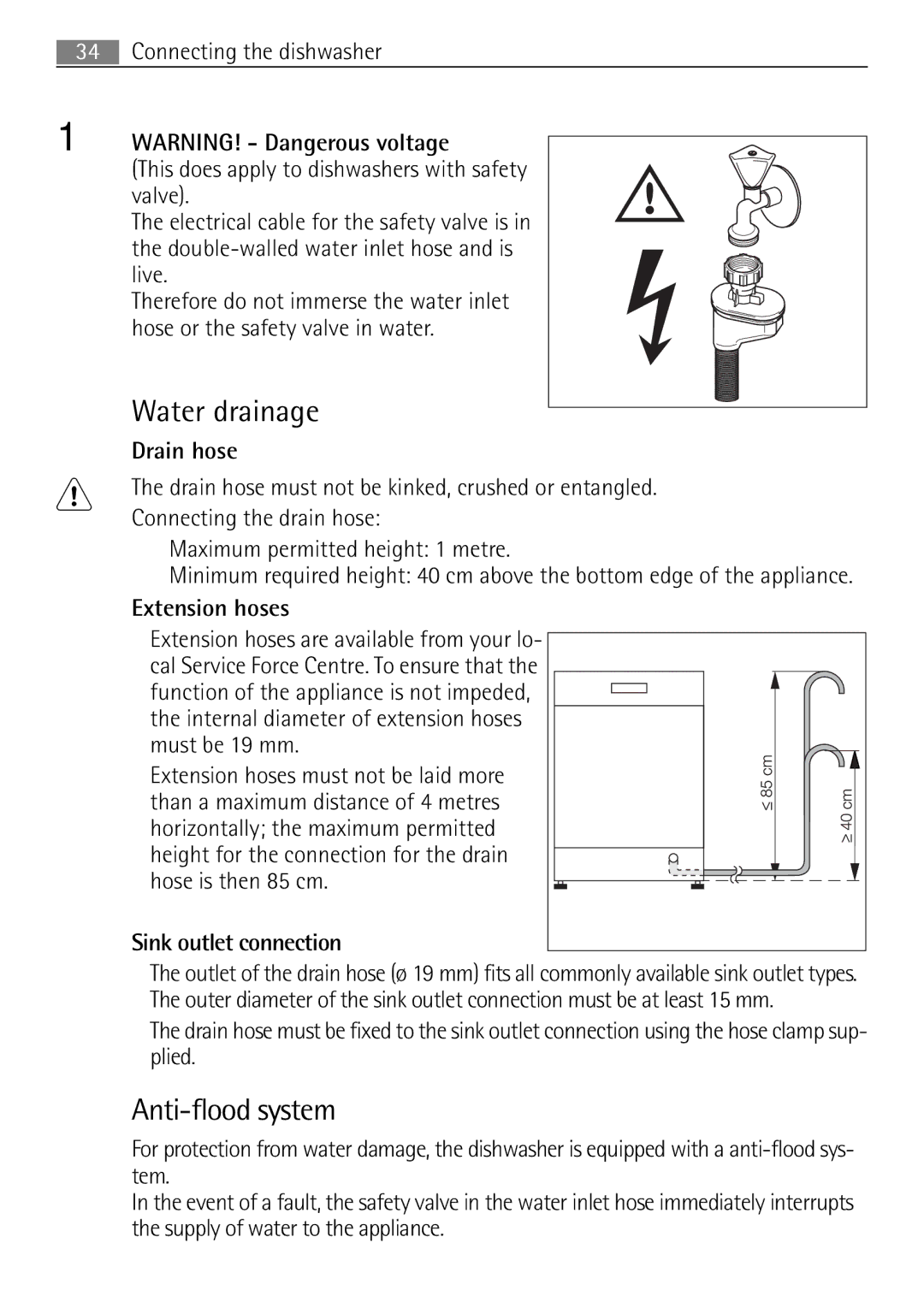 Electrolux 65080 Vi user manual Water drainage, Antiflood system, Extension hoses, Sink outlet connection 