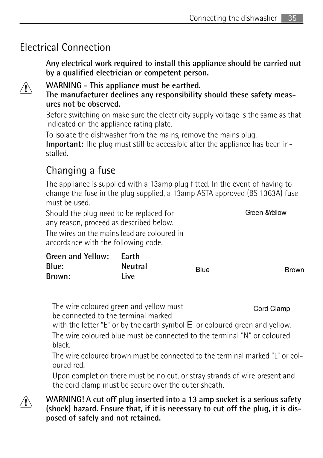 Electrolux 65080 Vi user manual Electrical Connection, Changing a fuse, Green and Yellow Earth BlueNeutral BrownLive 