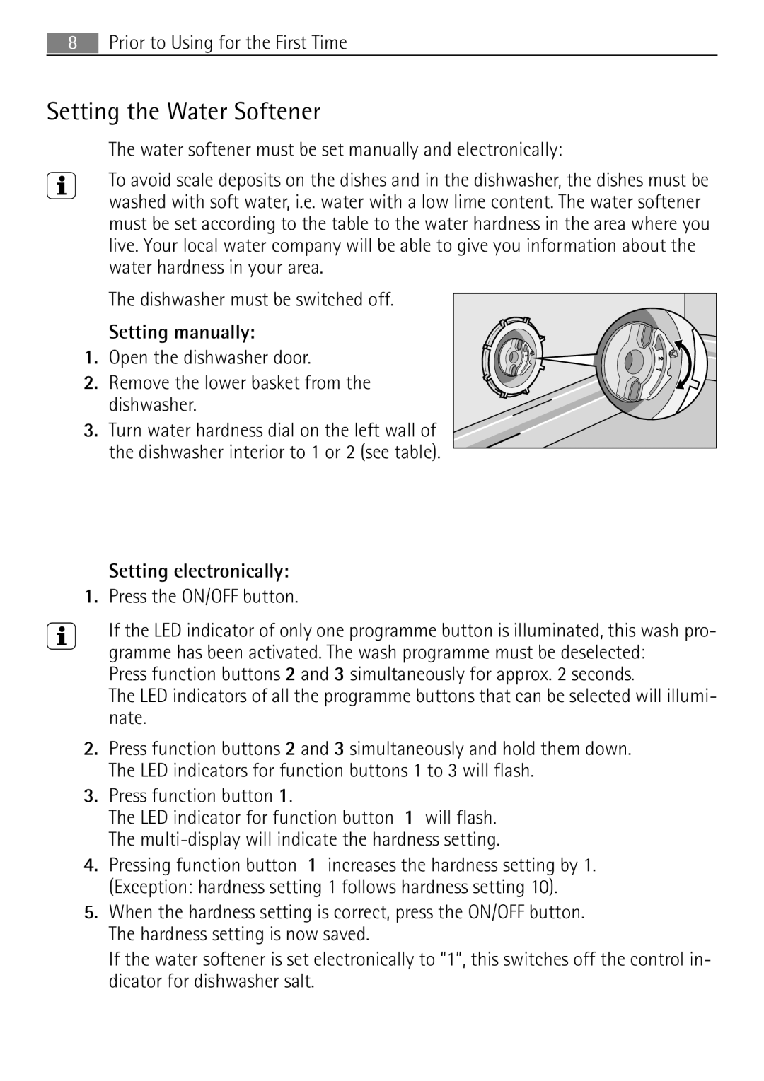 Electrolux 65080 Vi user manual Setting the Water Softener, Water softener must be set manually and electronically 