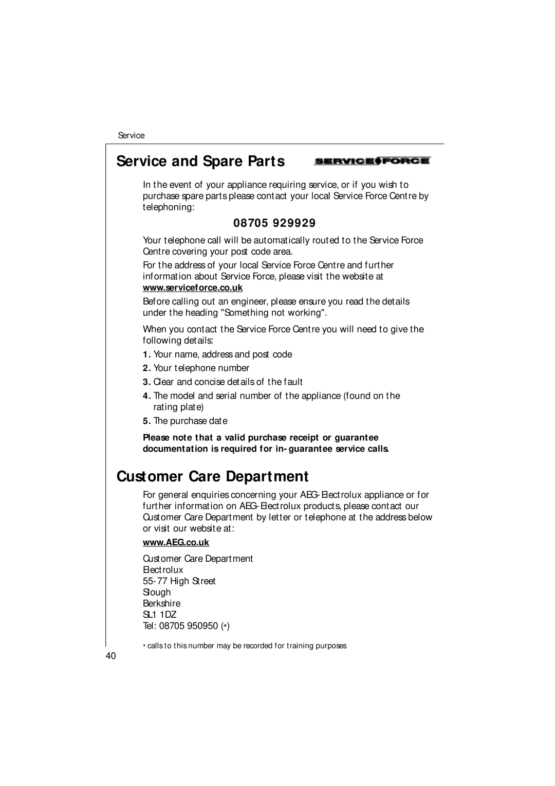 Electrolux 65080 VIL manual Service and Spare Parts, Customer Care Department, 08705 