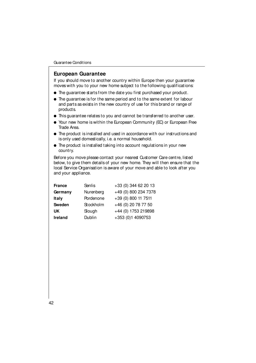 Electrolux 65080 VIL manual European Guarantee 