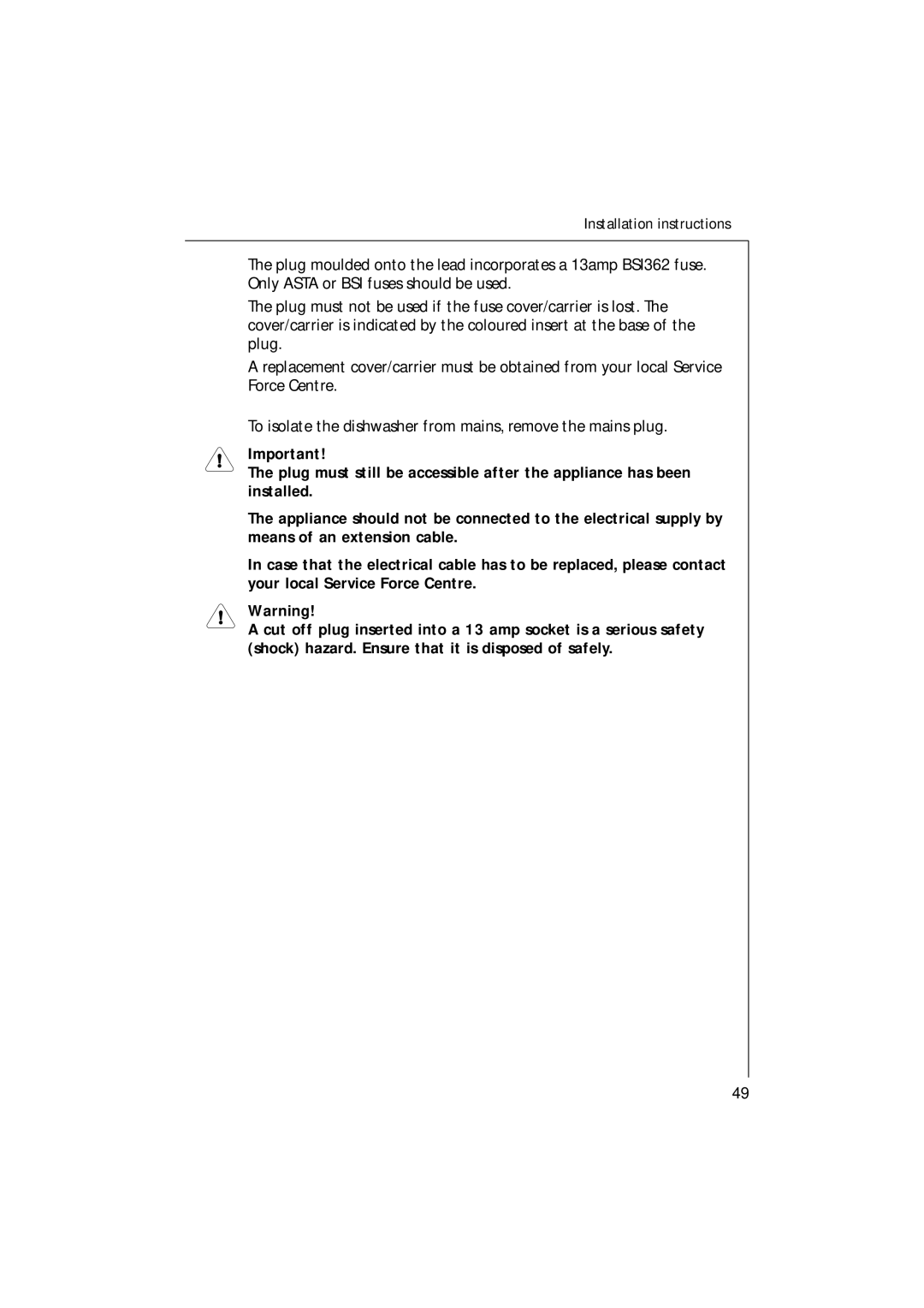 Electrolux 65080 VIL manual Installation instructions 