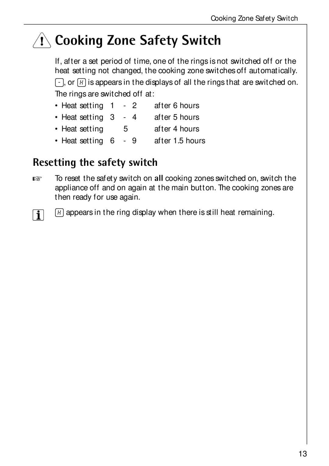 Electrolux 65300 K manual Cooking Zone Safety Switch, Resetting the safety switch 