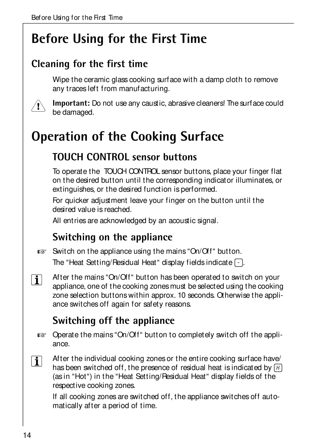 Electrolux 65300 K manual Before Using for the First Time, Operation of the Cooking Surface 