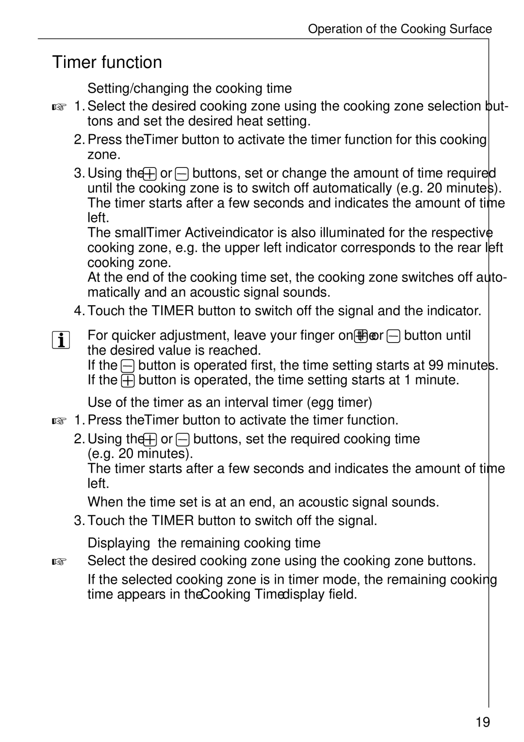 Electrolux 65300 K Timer function, Setting/changing the cooking time, Use of the timer as an interval timer egg timer 